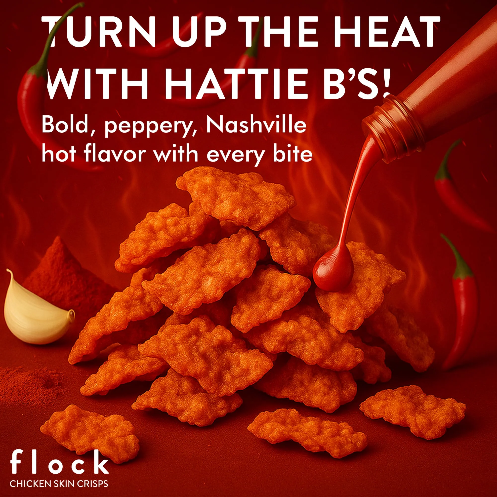 Flock Keto Chicken Skin Chips | Hattie Bs Nashville Hot Flavor | Keto Friendly, Low Carb, High Protein, Flavor Packed, Gluten Free Single Serve Snack | (2.5oz) 4-Pack - Image 3