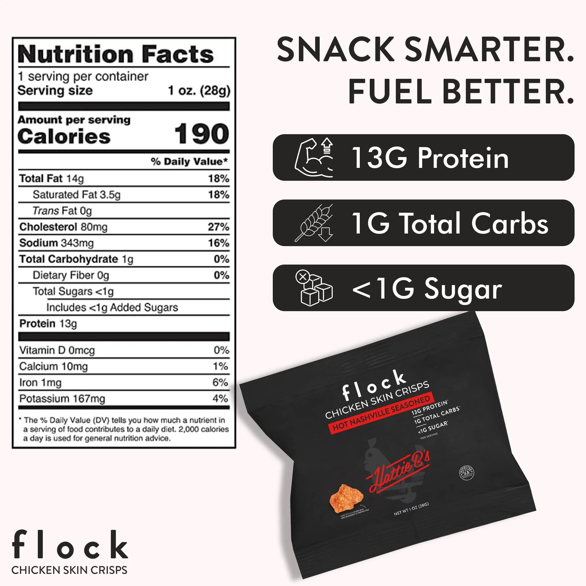 Flock Keto Chicken Skin Chips | Hattie Bs Nashville Hot Flavor | Keto Friendly, Low Carb, High Protein, Flavor Packed, Gluten Free Single Serve Snack | (2.5oz) 4-Pack - Image 4