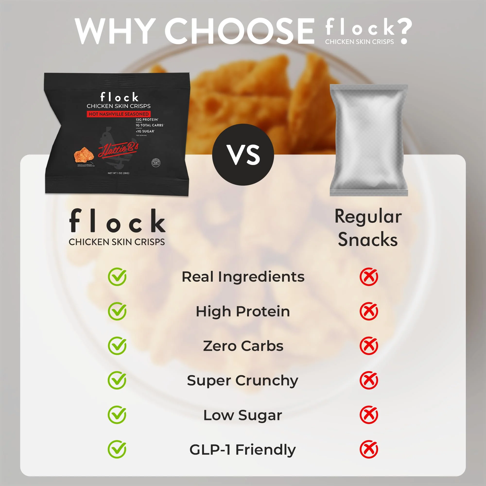 Flock Keto Chicken Skin Chips | Hattie Bs Nashville Hot Flavor | Keto Friendly, Low Carb, High Protein, Flavor Packed, Gluten Free Single Serve Snack | (2.5oz) 4-Pack - Image 6