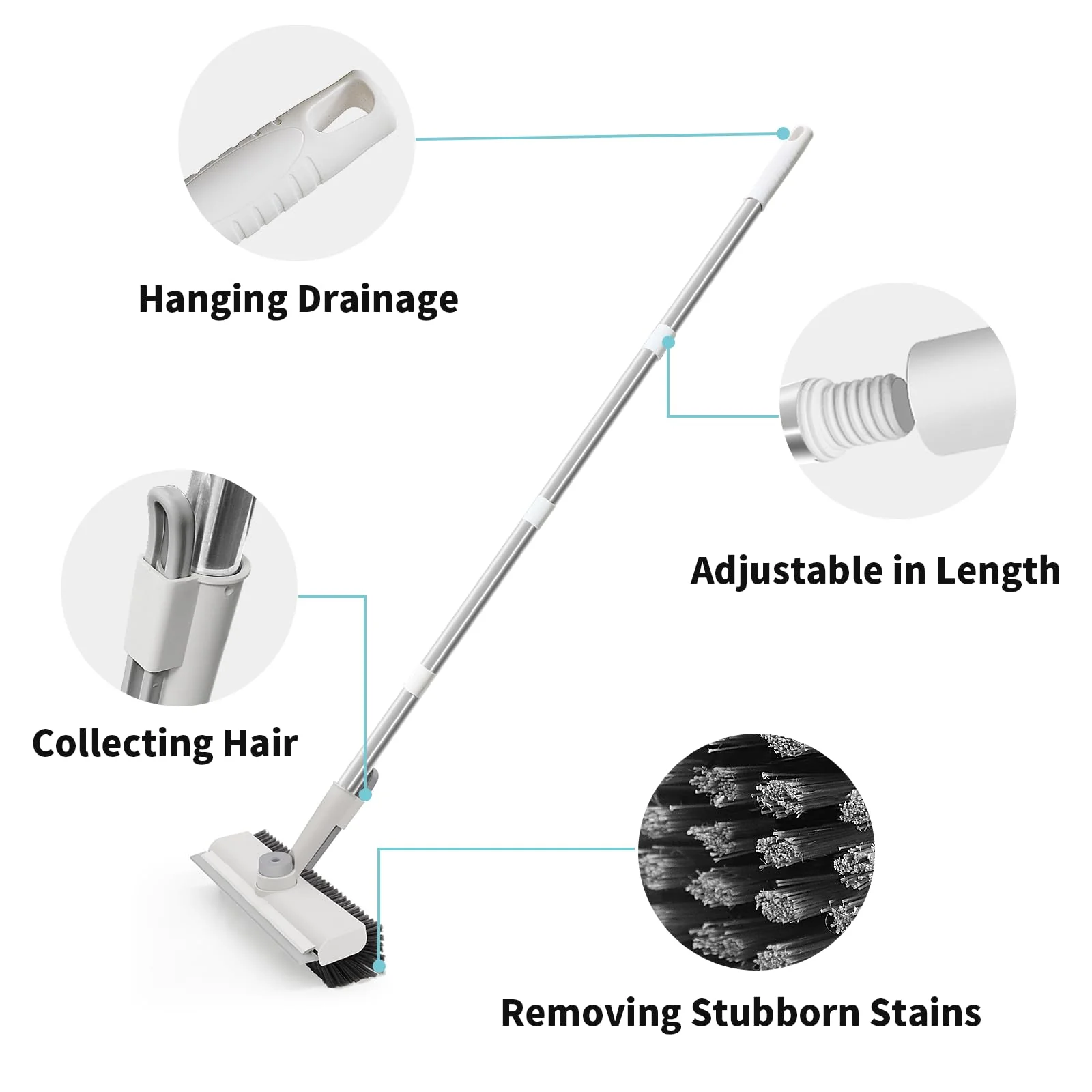 Floor Scrub Brush with Long Handle, 3 in 1 Scrape and Heavy-Duty Stiff Bristle Scrubber Brush for Cleaning Shower Bathroom, Patio, Pool, Garage, Kitchen, Wall and Deck (White, 1 Pack) - Image 3