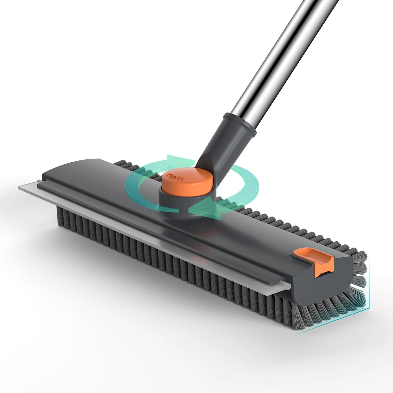 Floor Scrub Brush with Long Handle Length Adjustable, 3 in 1 Heavy-Duty Stiff 90° Bristle Floor Scrubber Broom with Squeegee, Cleaning Brush for Bathroom, Garage, Kitchen, Tile, Deck & Patio (Gray)