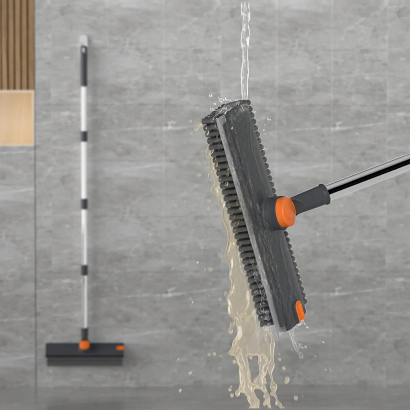 Floor Scrub Brush with Long Handle Length Adjustable, 3 in 1 Heavy-Duty Stiff 90° Bristle Floor Scrubber Broom with Squeegee, Cleaning Brush for Bathroom, Garage, Kitchen, Tile, Deck & Patio (Gray) - Image 2