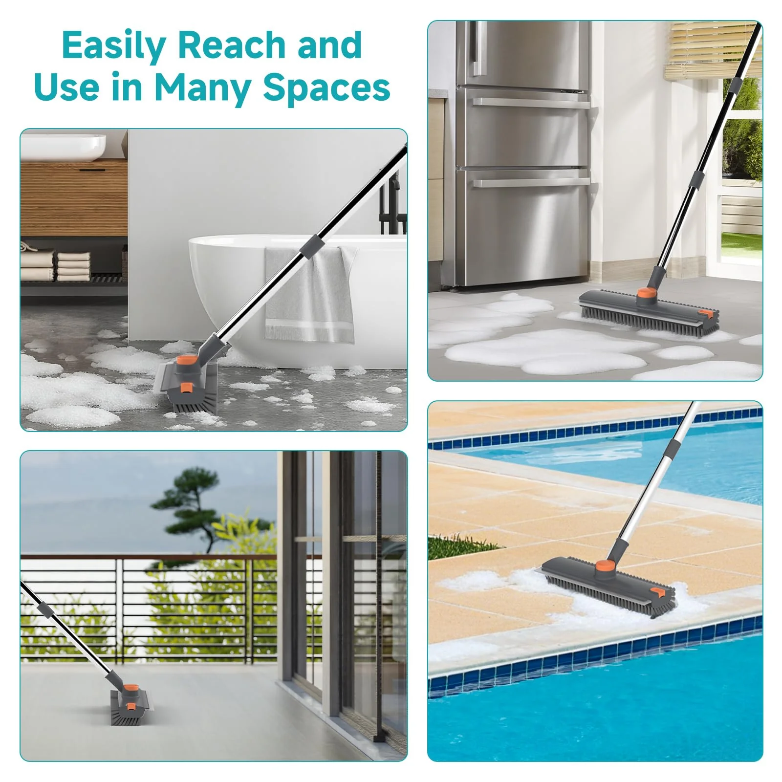 Floor Scrub Brush with Long Handle Length Adjustable, 3 in 1 Heavy-Duty Stiff 90° Bristle Floor Scrubber Broom with Squeegee, Cleaning Brush for Bathroom, Garage, Kitchen, Tile, Deck & Patio (Gray) - Image 3