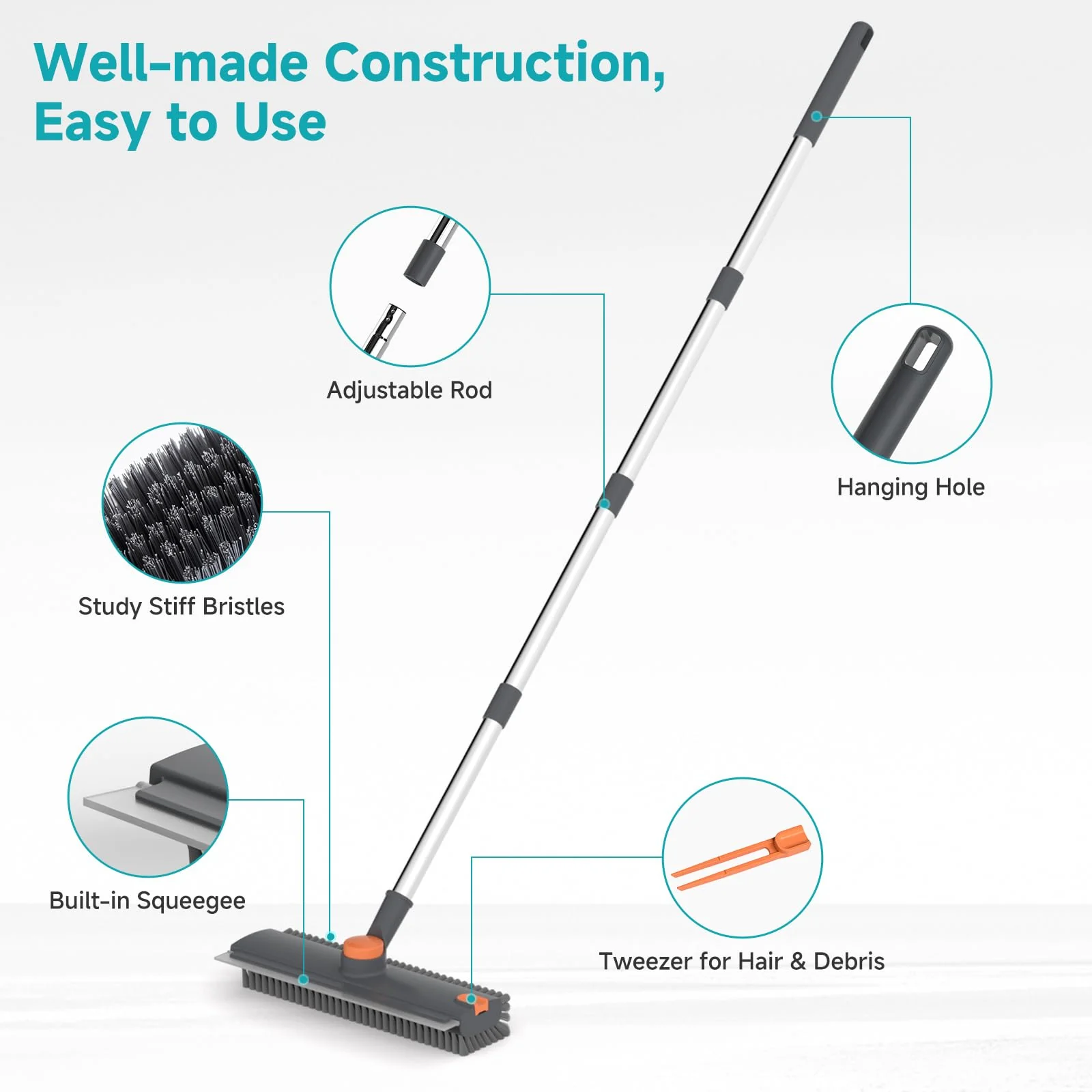 Floor Scrub Brush with Long Handle Length Adjustable, 3 in 1 Heavy-Duty Stiff 90° Bristle Floor Scrubber Broom with Squeegee, Cleaning Brush for Bathroom, Garage, Kitchen, Tile, Deck & Patio (Gray) - Image 4