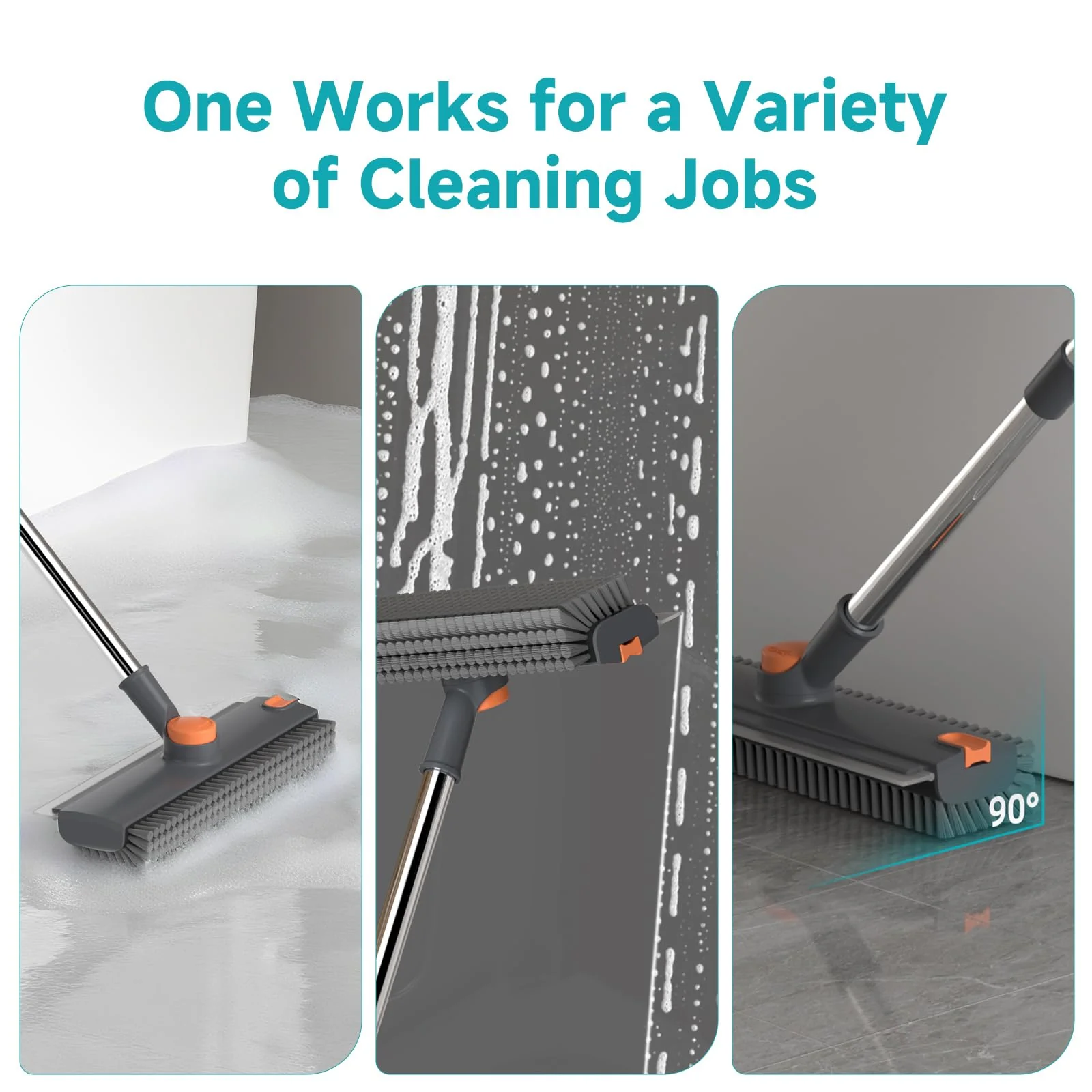 Floor Scrub Brush with Long Handle Length Adjustable, 3 in 1 Heavy-Duty Stiff 90° Bristle Floor Scrubber Broom with Squeegee, Cleaning Brush for Bathroom, Garage, Kitchen, Tile, Deck & Patio (Gray) - Image 7