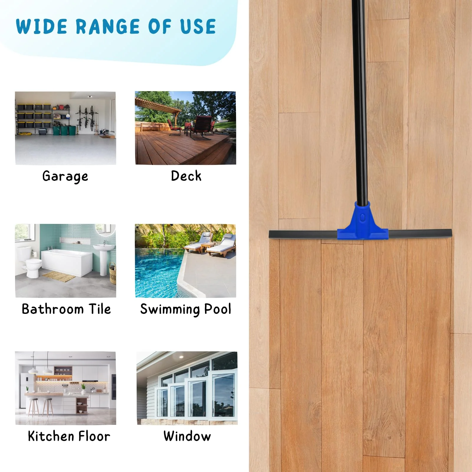Floor Squeegee with Telescopic Long Handle 59'', Heavy Duty 18" Rubber Wiper Broom for Concrete, Bathroom Tile, Garage, Deck - Image 2