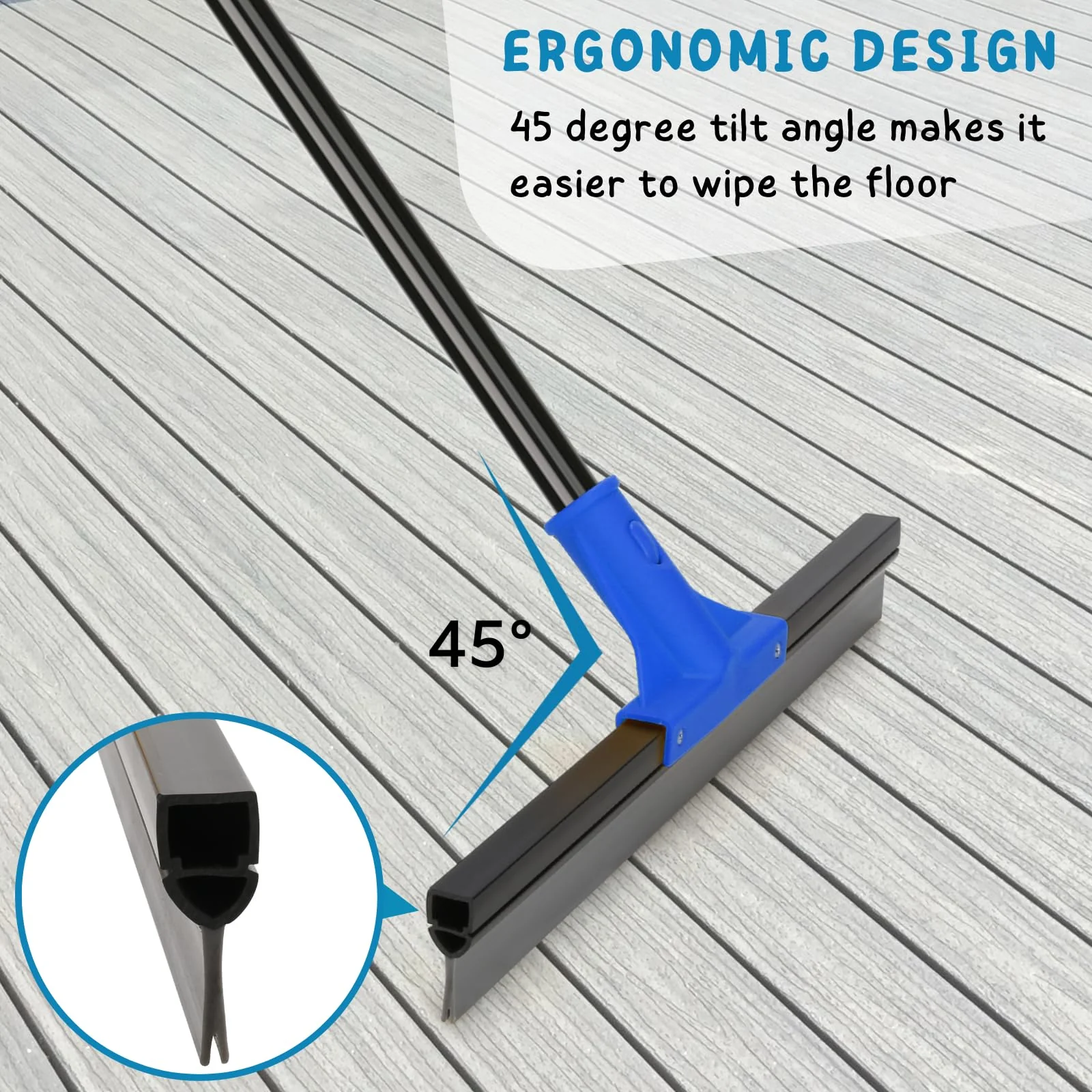 Floor Squeegee with Telescopic Long Handle 59'', Heavy Duty 18" Rubber Wiper Broom for Concrete, Bathroom Tile, Garage, Deck - Image 5