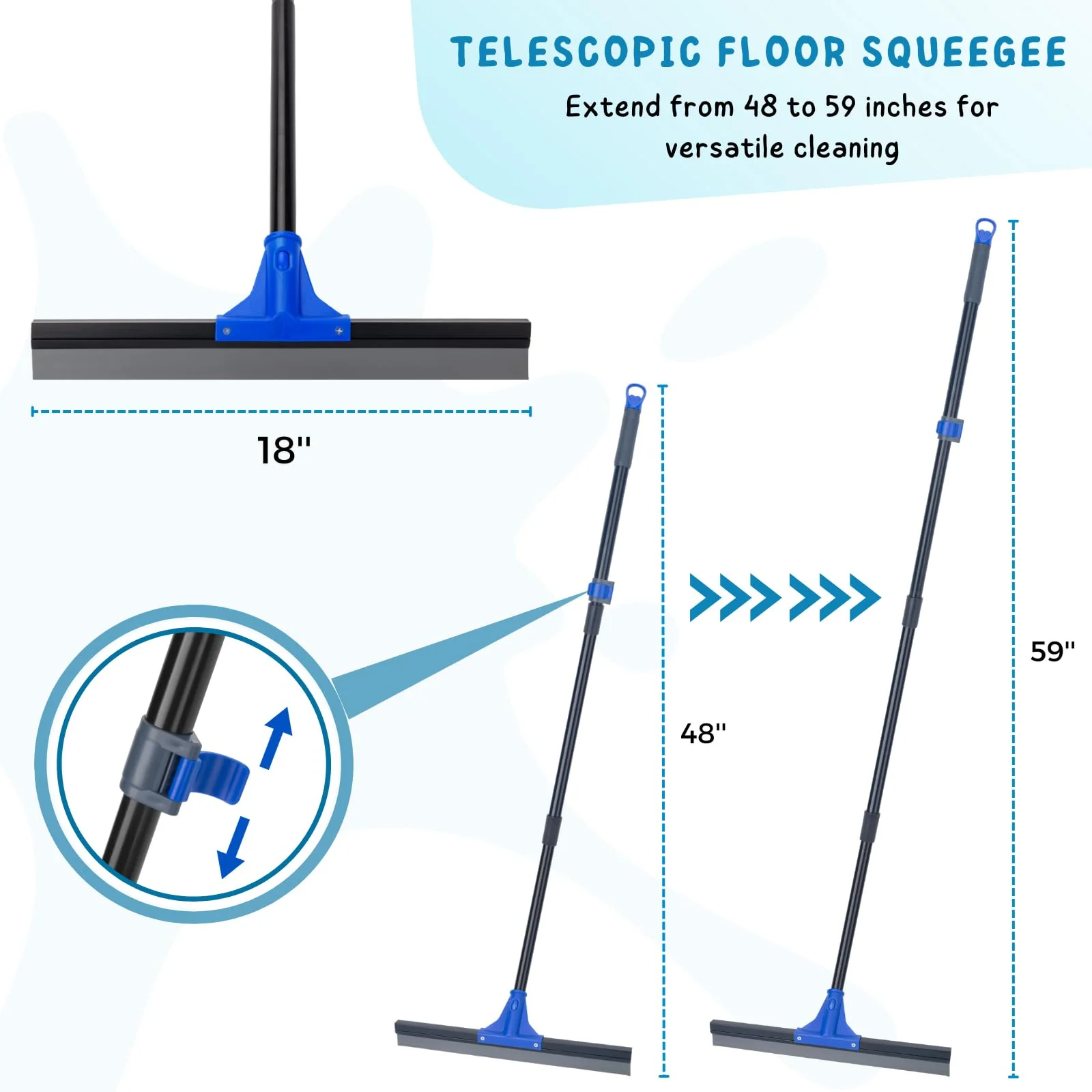 Floor Squeegee with Telescopic Long Handle 59'', Heavy Duty 18" Rubber Wiper Broom for Concrete, Bathroom Tile, Garage, Deck - Image 7