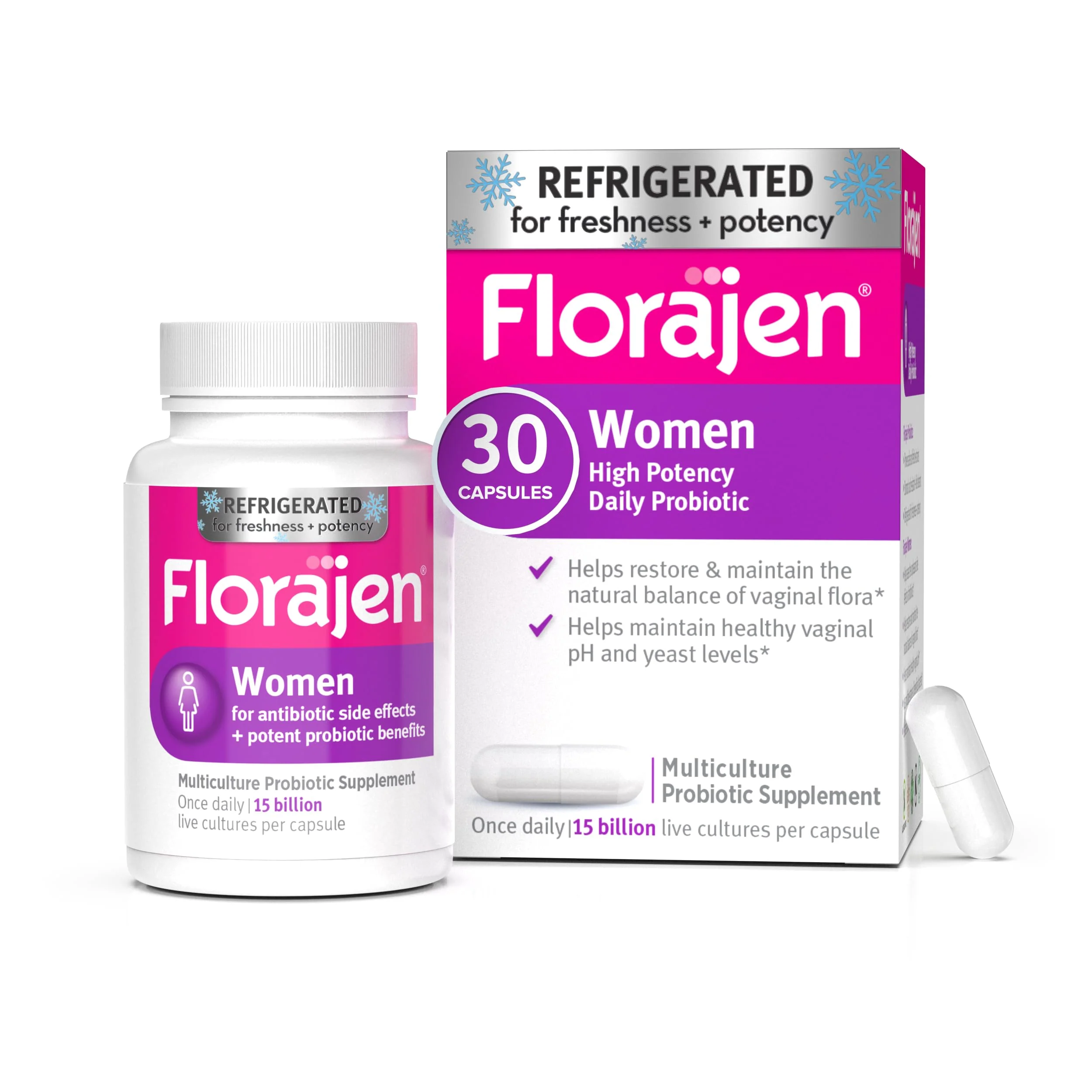 Florajen Women's Vaginal Probiotics, Provides Gut Health & Constipation Relief For Adults And Bloating Relief For Women, 30 Capsules (Refrigerated)