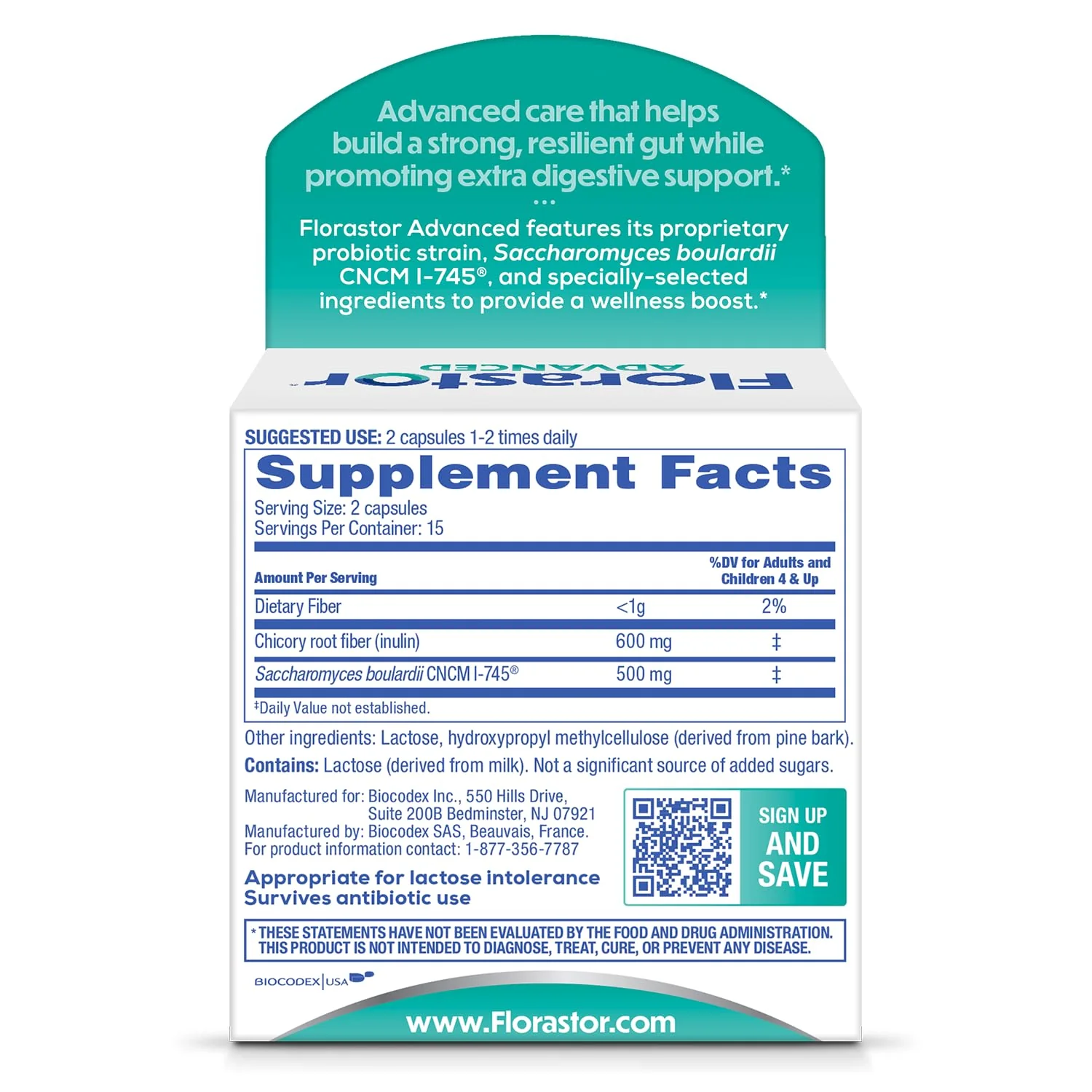 Florastor Advanced Pro+Pre Daily Probiotic and Prebiotic Supplement for Women and Men, Boosts Good Bacteria, Saccharomyces Boulardii CNCM I-745 (30 Capsules) (Pack of 2) - Image 2