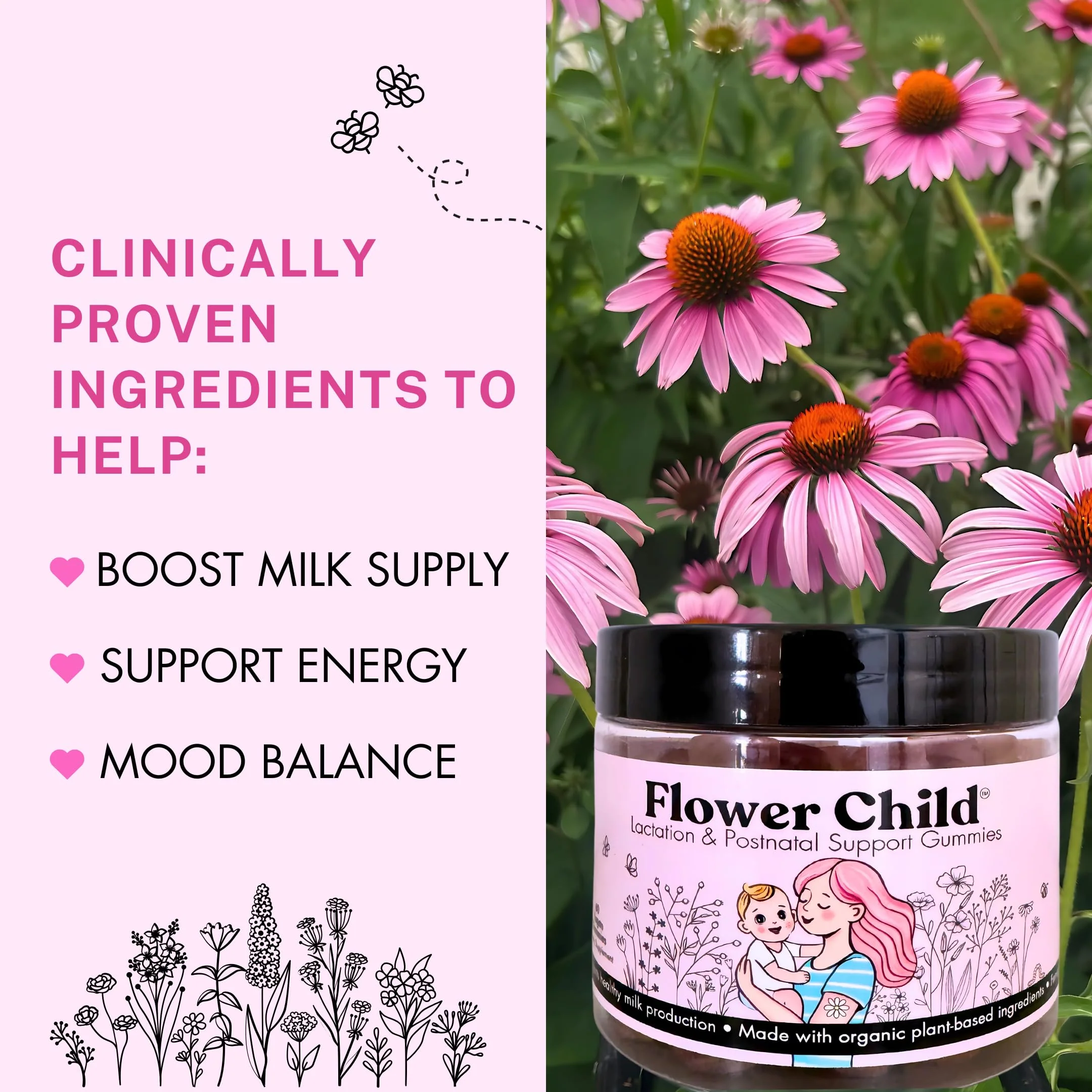 Flower Child Breastfeeding Gummies for Milk Production with Organic Moringa, Milk Thistle, Choline & DHA, Lactation Supplement Postnatal Recovery Vitamins, Fenugreek Free, Vegan, 60 Count - Image 7