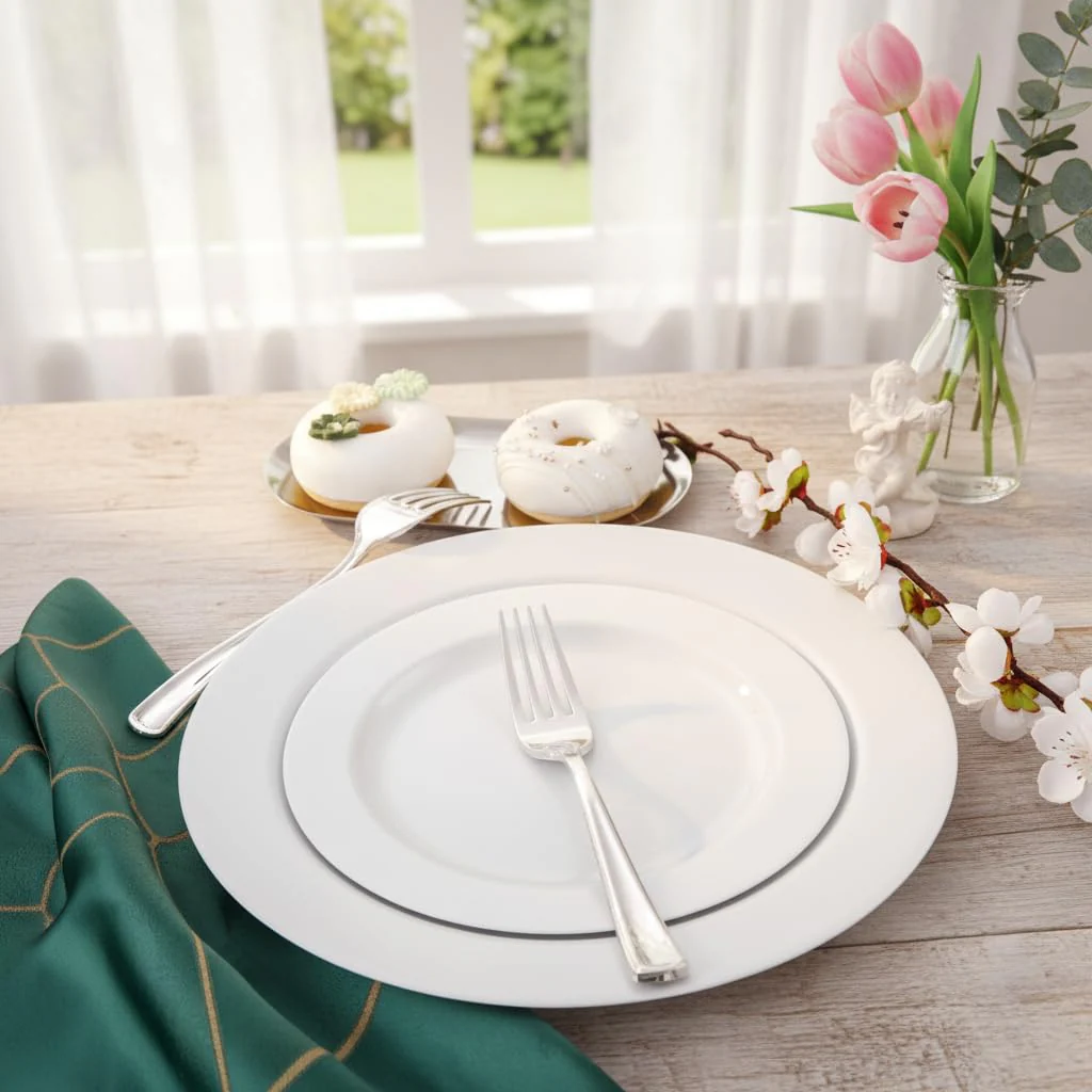 FLOWERCAT 60PCS White Plastic Plates - Heavy Duty White Disposable Plates for Mother's Day/Birthday Party/Wedding -serve for 30 guests Include 30PCS 10.25" & 30PCS 7.5" Plates for Party - Image 6