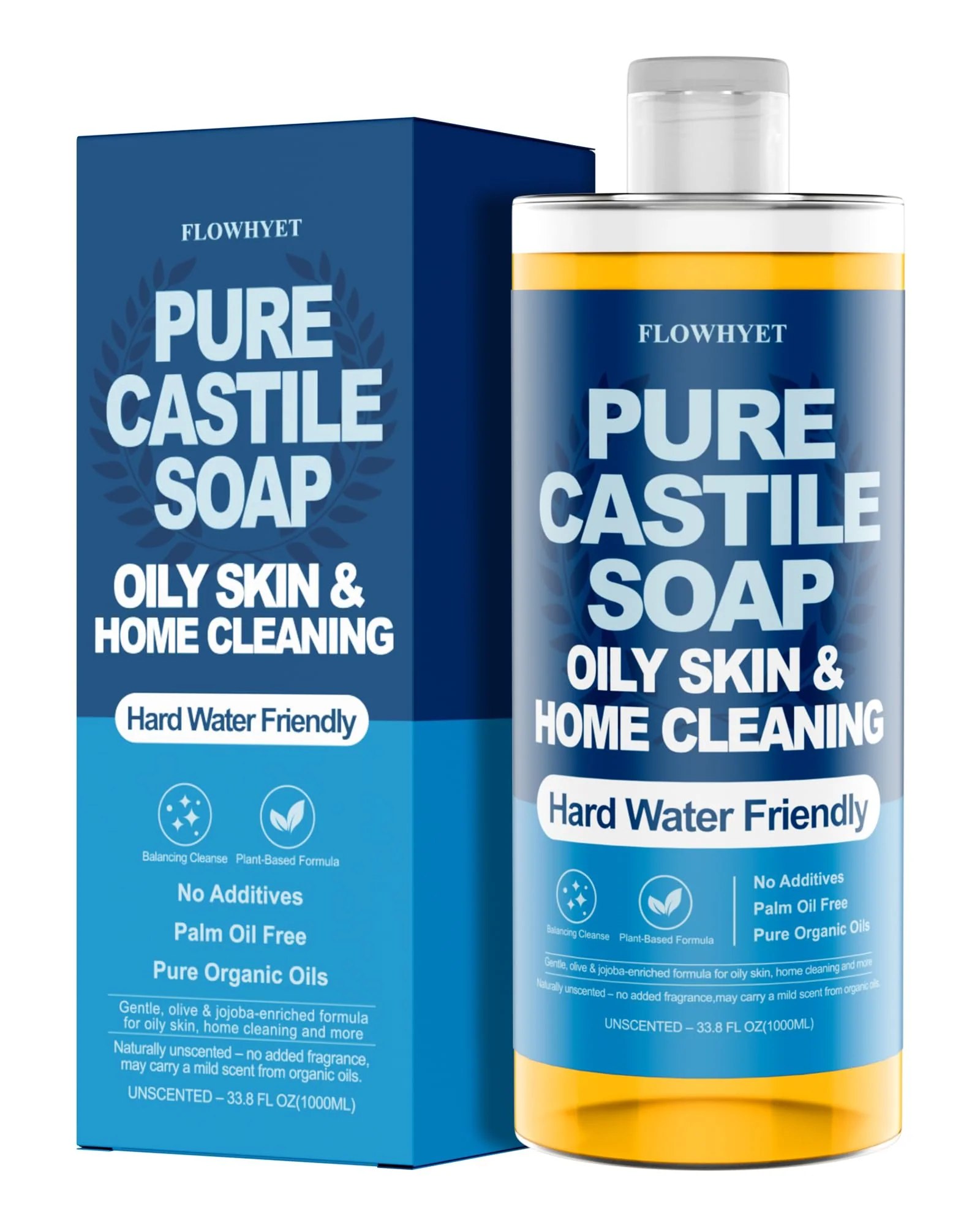 FLOWHYET Pure Castile Soap Liquid Unscented 33.8 fl oz, EWG Verified Organic Body Wash,Bath Soap Castile Liquid, Hard Water Friendly for Sensitive & Oily Skin for Body,Face, Hand, Home Cleaner 1L