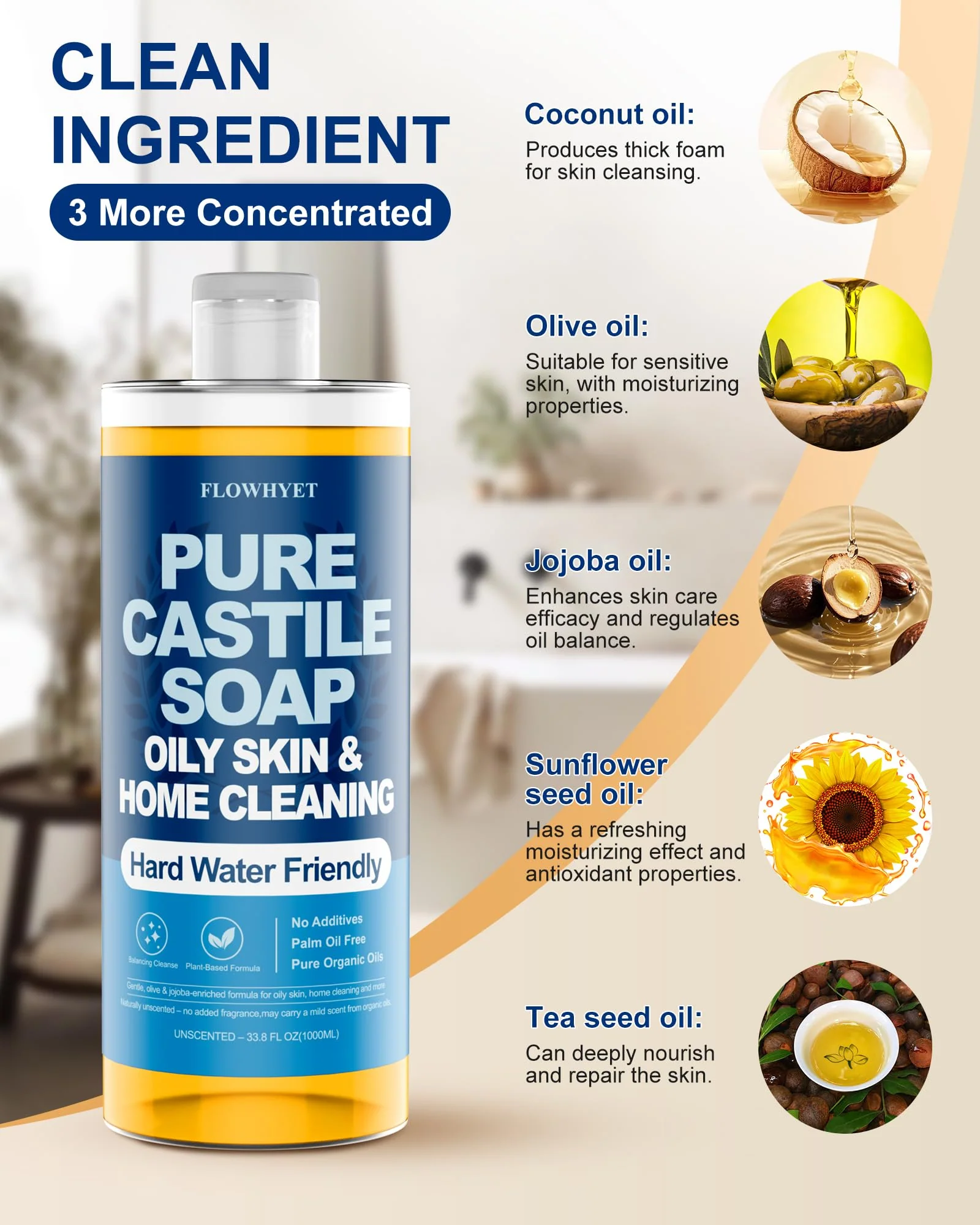 FLOWHYET Pure Castile Soap Liquid Unscented 33.8 fl oz, EWG Verified Organic Body Wash,Bath Soap Castile Liquid, Hard Water Friendly for Sensitive & Oily Skin for Body,Face, Hand, Home Cleaner 1L - Image 4