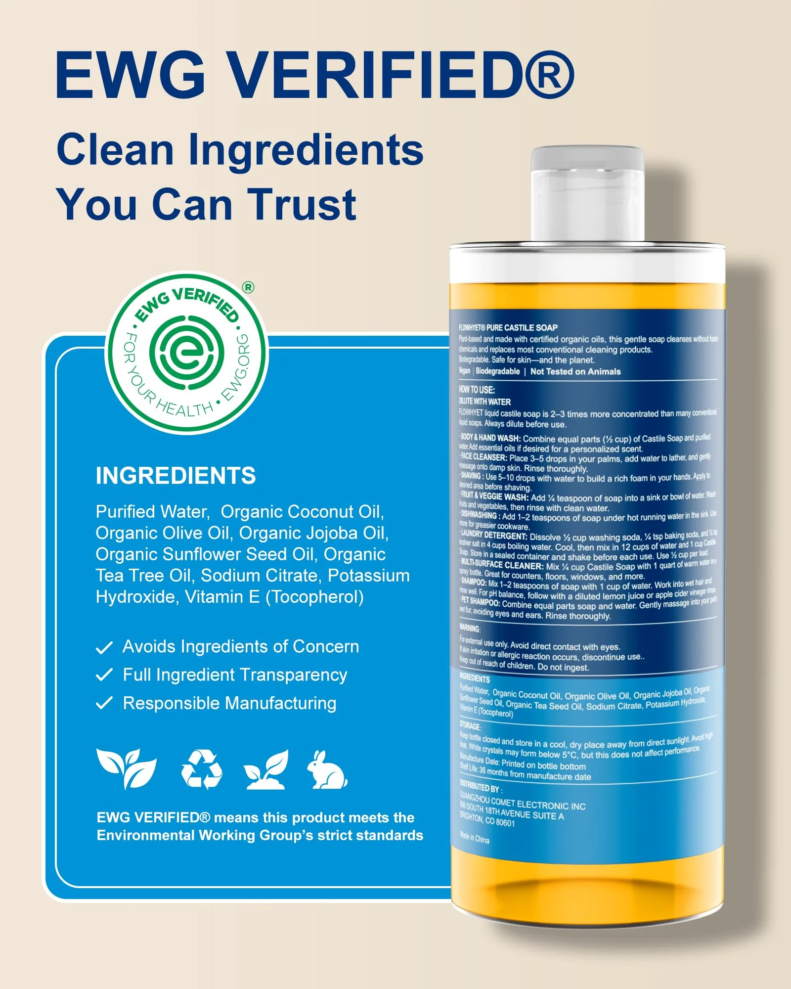 FLOWHYET Pure Castile Soap Liquid Unscented 33.8 fl oz, EWG Verified Organic Body Wash,Bath Soap Castile Liquid, Hard Water Friendly for Sensitive & Oily Skin for Body,Face, Hand, Home Cleaner 1L - Image 6
