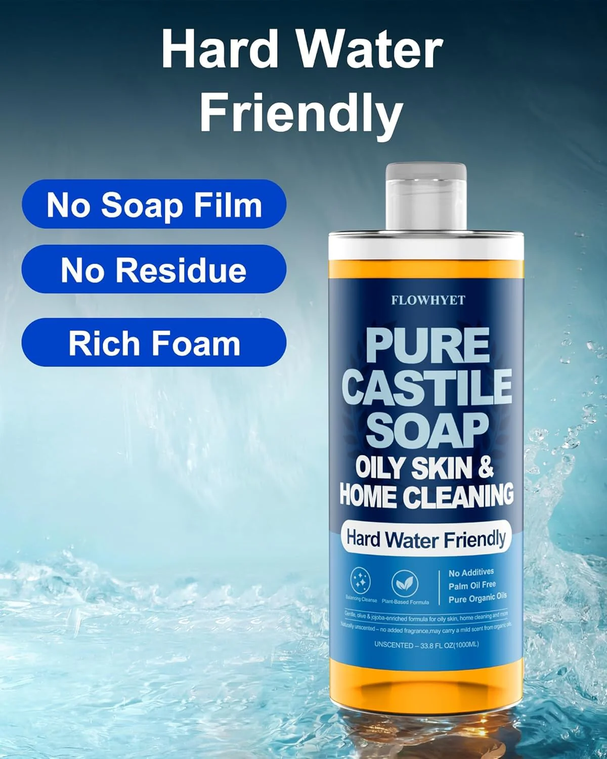 FLOWHYET Pure Castile Soap Liquid Unscented 33.8 fl oz, EWG Verified Organic Body Wash,Bath Soap Castile Liquid, Hard Water Friendly for Sensitive & Oily Skin for Body,Face, Hand, Home Cleaner 1L - Image 8