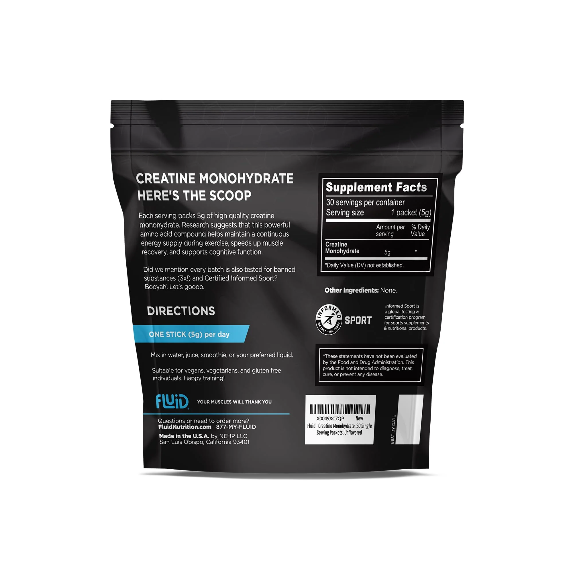 Fluid Creatine - Informed Sport Certified | Ultra-Fine Micronized 100% Creatine Monohydrate Powder | Unflavored | 5g Travel Stick Packs | 30 Servings - Image 7