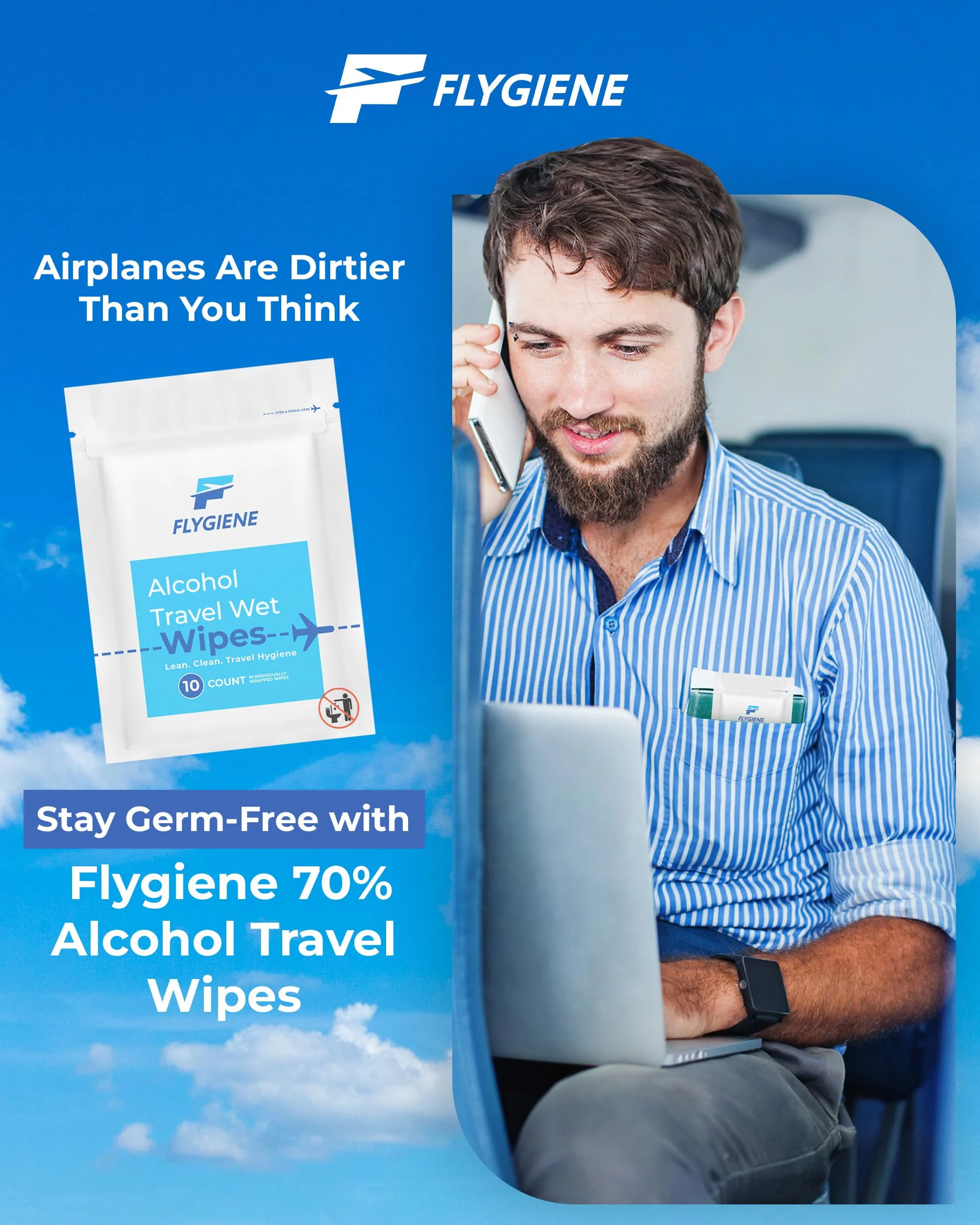 FLYGIENE Travel Sanitizing Wipes (20 Count (2 Packs of 10)) - Image 9