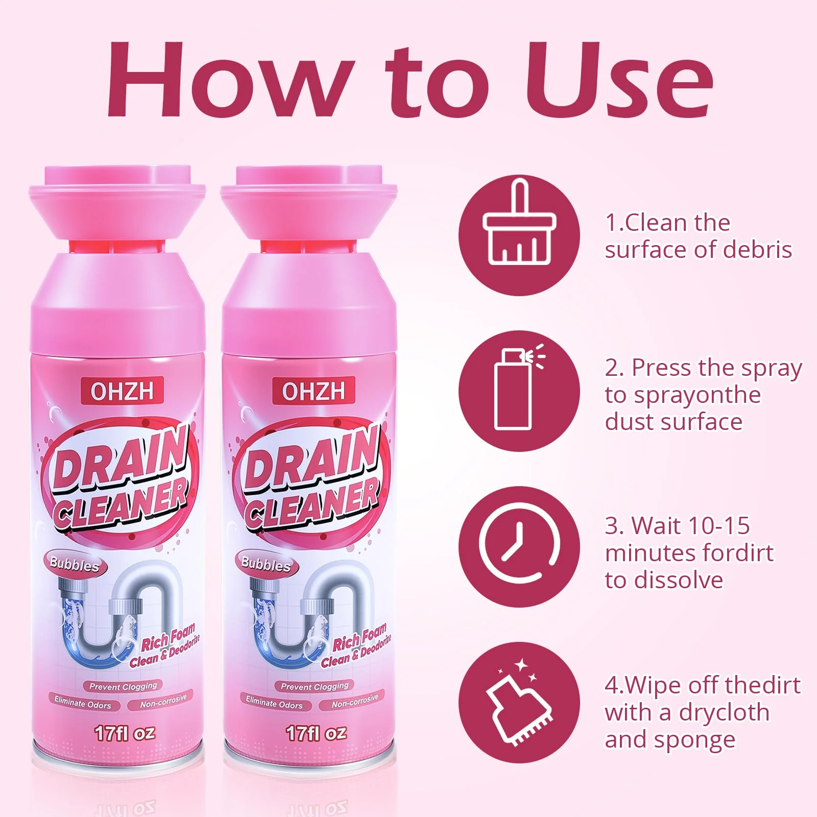 Foaming Drain Cleaner,Drain Clog Remover –Sink Cleaner and Deodorizer,Foaming Cleaners for Kitchen, Sinks, Shower Drains,Tub (2pcs) - Image 5