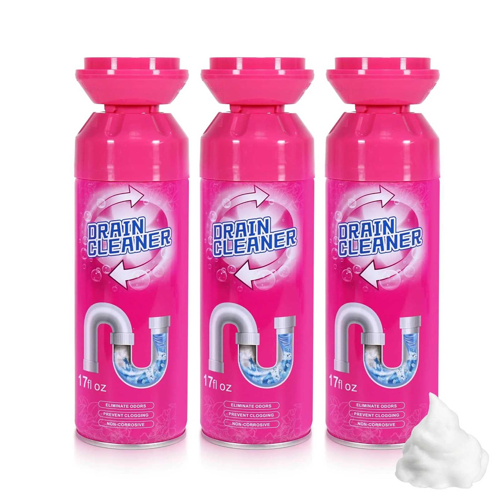 Foaming Drain Cleaner, Sink Cleaner and Deodorizer, Drain Clog Remover for Kitchen Sinks, Tubs, Shower Drains (3 Pcs)