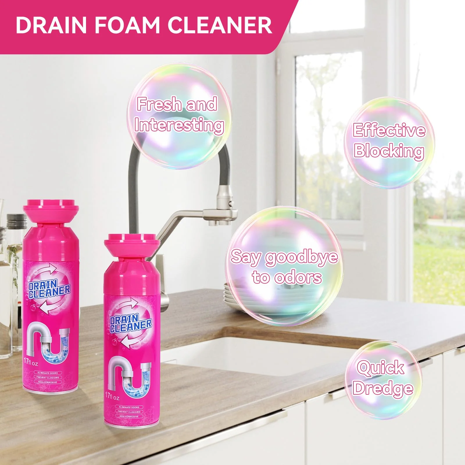 Foaming Drain Cleaner, Sink Cleaner and Deodorizer, Drain Clog Remover for Kitchen Sinks, Tubs, Shower Drains (3 Pcs) - Image 2