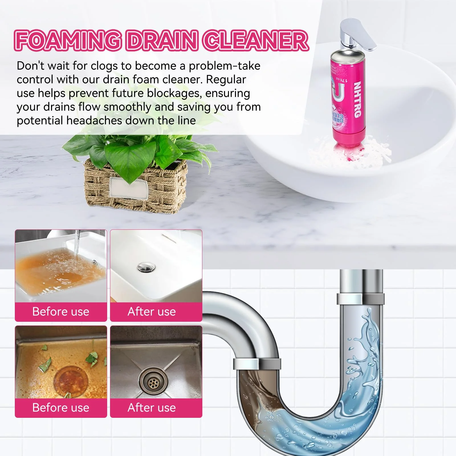 Foaming Drain Cleaner, Sink Cleaner and Deodorizer, Drain Clog Remover for Kitchen Sinks, Tubs, Shower Drains (3 Pcs) - Image 6