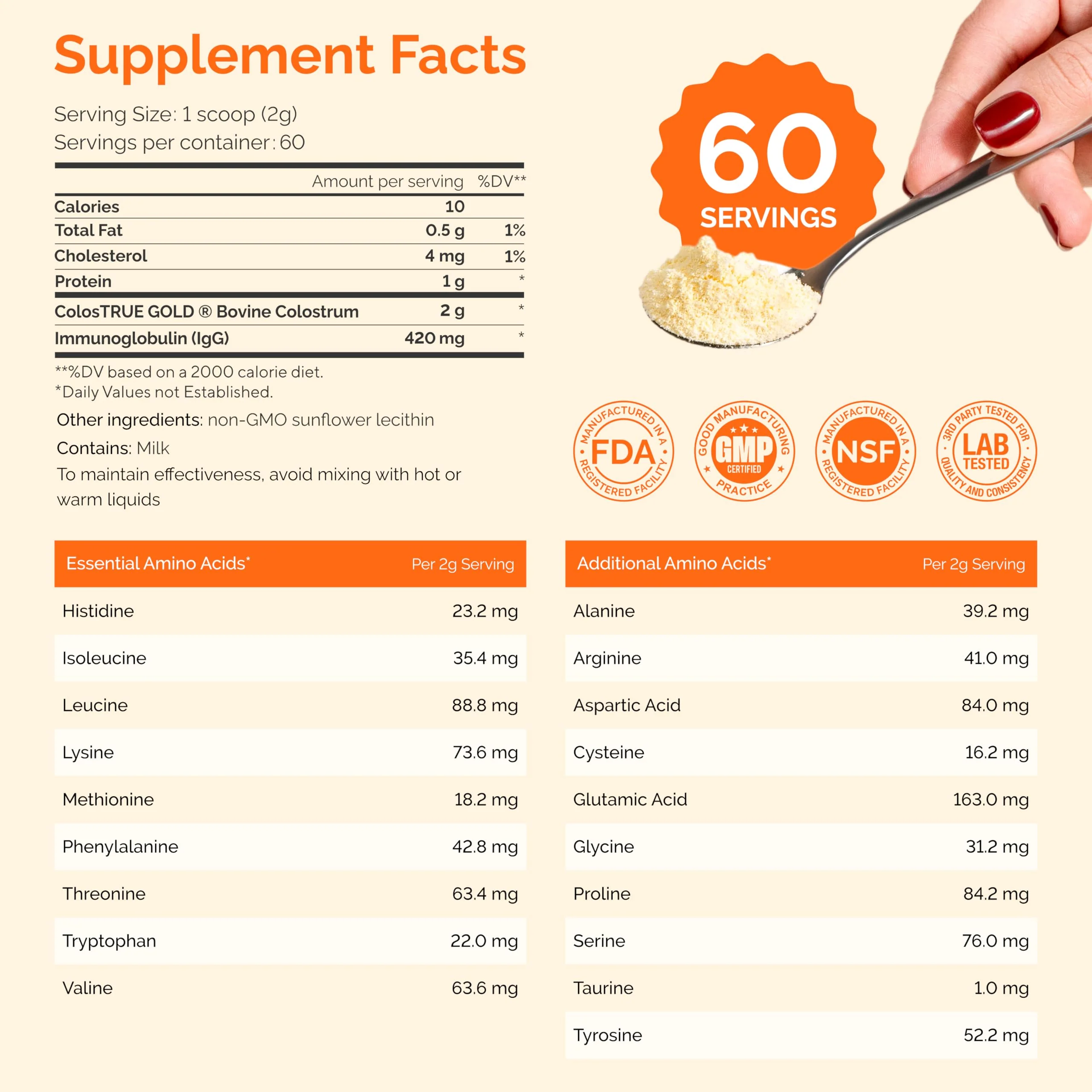 Folqs Bovine Colostrum Powder – First-Day Milking for Immune & Gut Support – 60 Servings – Supports Skin & Tissue Health – Made in USA - Amino Acids, Vitamins, Minerals – Kosher - Sustainably Sourced - Image 7