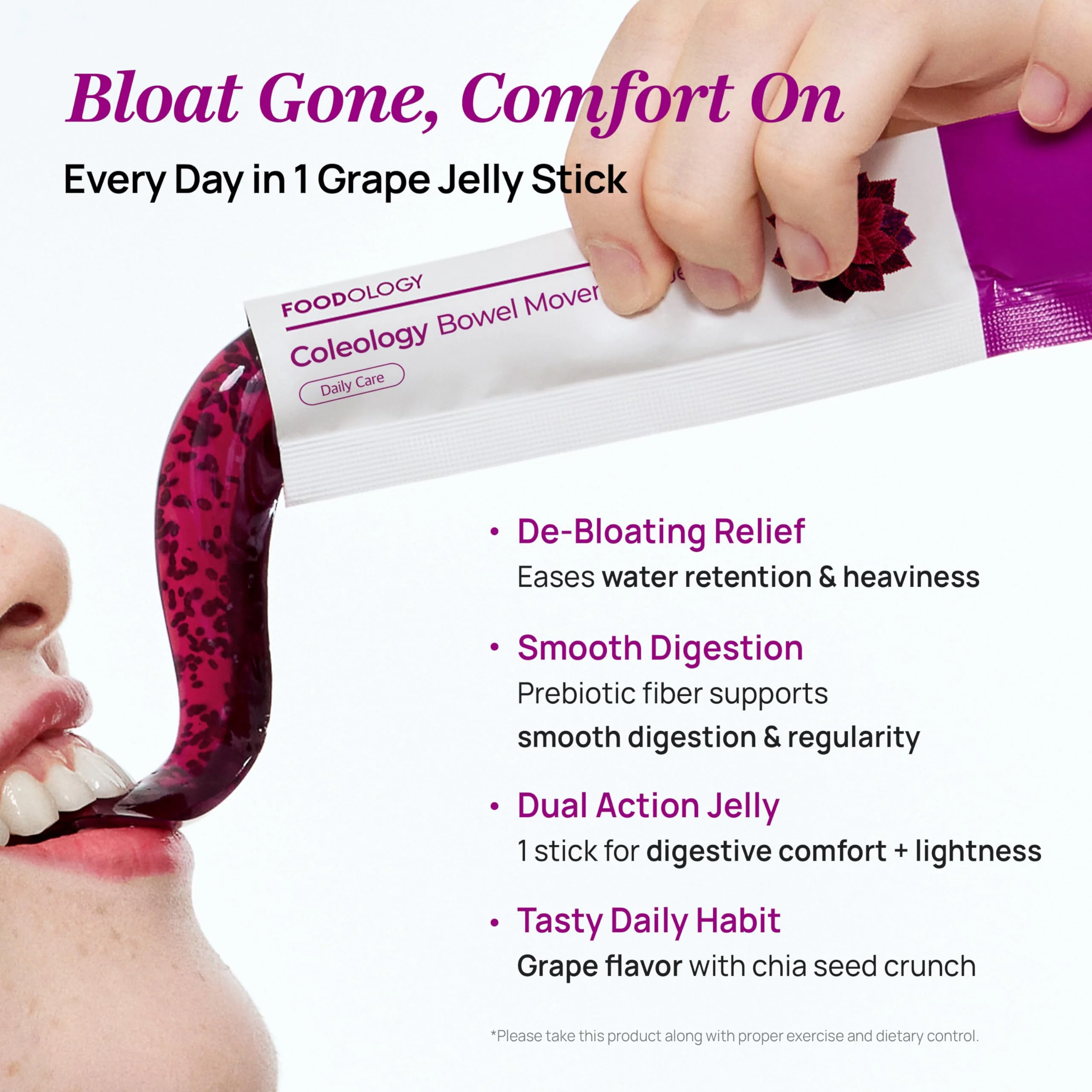 FOODOLOGY Coleology Bowel Movement Jelly (Grape & Prune) – Prebiotic Fiber Supplement for Gut Health & Daily Regularity, Chia Seeds, Korean Supplement – 10 Sticks - Image 2
