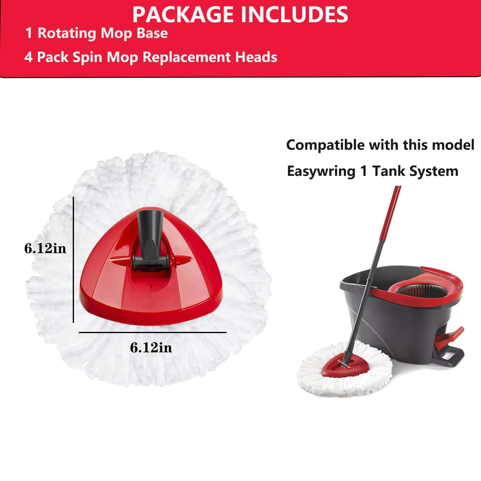 FOOKCIAN Spin Mop Replacement Set - 4 Microfiber Heads, Base, 30-58'' Handle Compatible with OCedar EasyWring - White (1 Can System) - Image 6