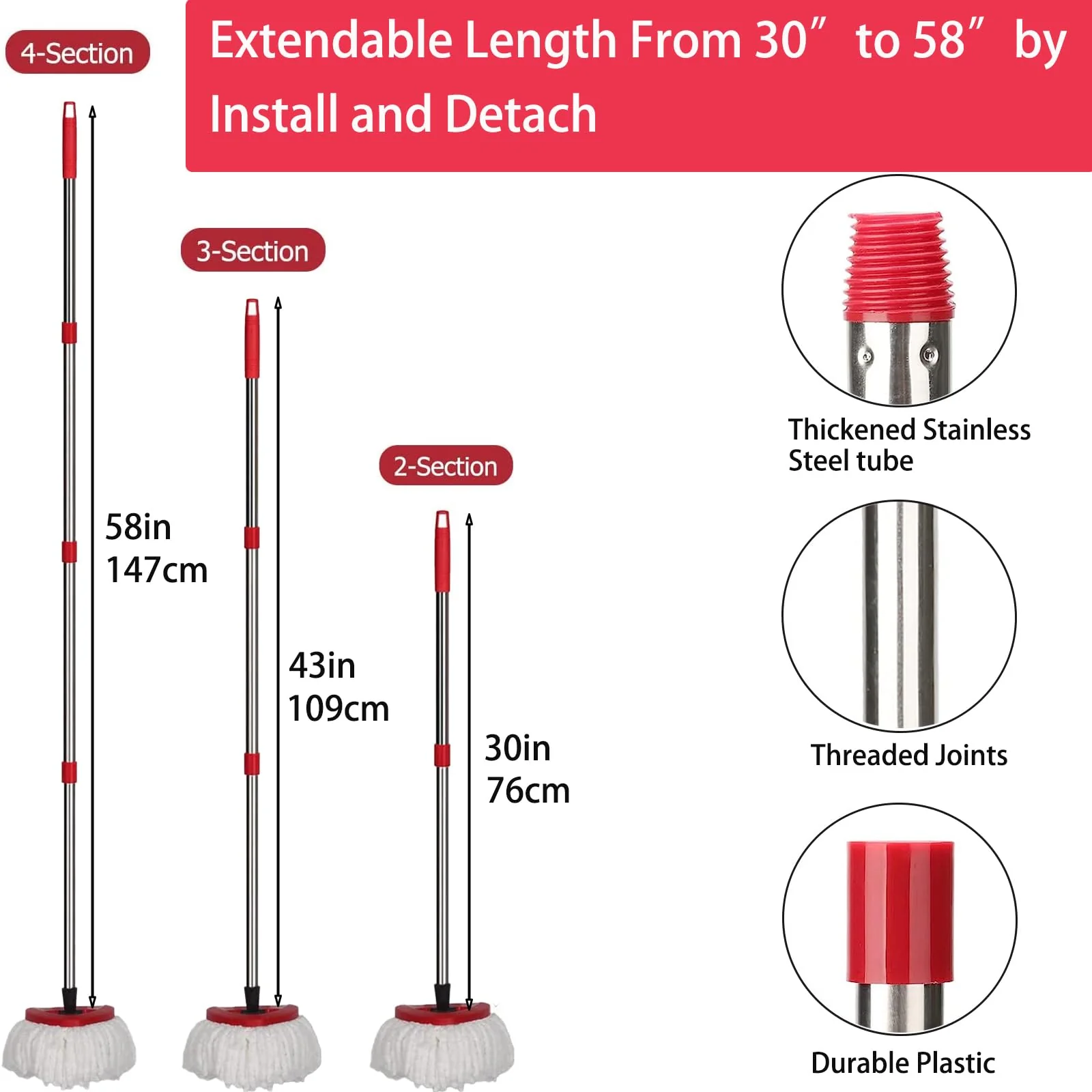FOOKCIAN Spin Mop Replacement Set - 4 Microfiber Heads, Base, 30-58'' Handle Compatible with OCedar EasyWring - White (1 Can System) - Image 7