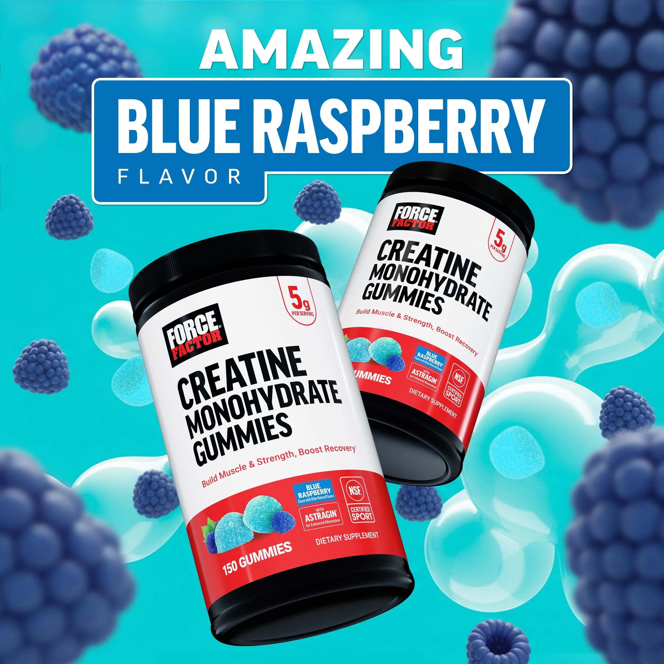 Force Factor Creatine Monohydrate Gummies, NSF Certified, 5g Dose for Men & Women to Support Muscle, Strength, Recovery, Cognitive Health & Memory, Packaging May Vary, Blue Raspberry, 150 Gummies - Image 3