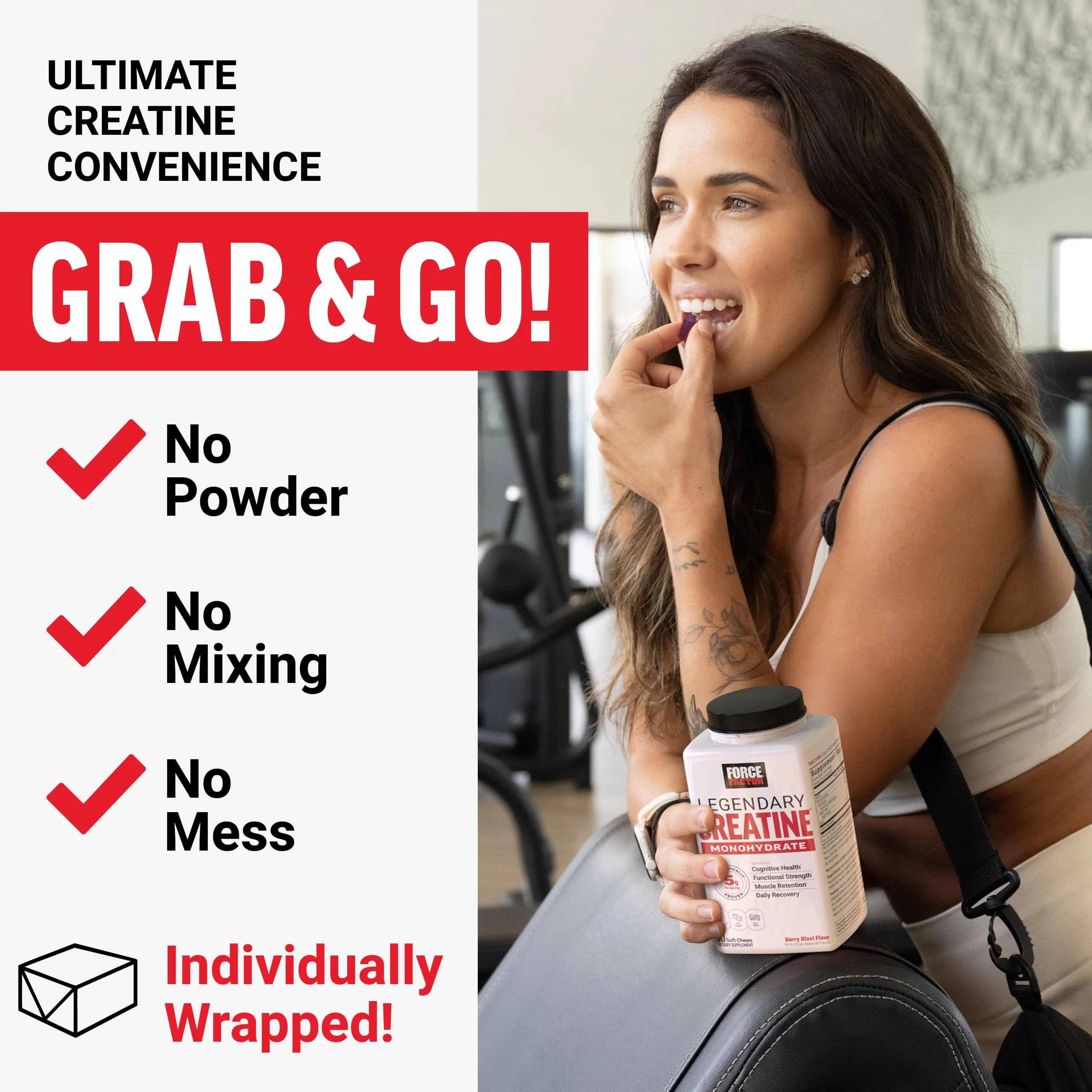 Force Factor Legendary Creatine Chews, 5g Creatine Monohydrate, Build Muscle, Improve Strength & Recovery, Support Memory & Cognitive Function, Sugar Free, Berry Blast, 60 Soft Chews - Image 9