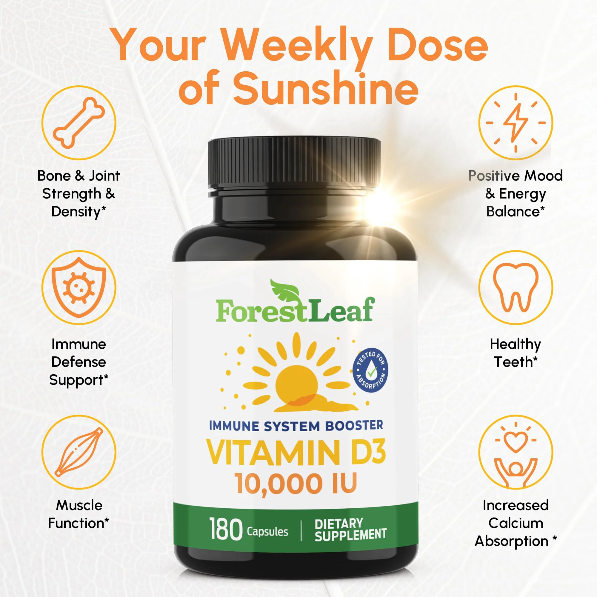 ForestLeaf Vitamin D3 10,000 IU | VIT D - VIT D3 Vitamin D Supplements for Women and Men | Bone Health, Teeth and Immune Support | Easy to Swallow Pills | High Potency Daily, 6-Month Supply, 180 Caps - Image 2