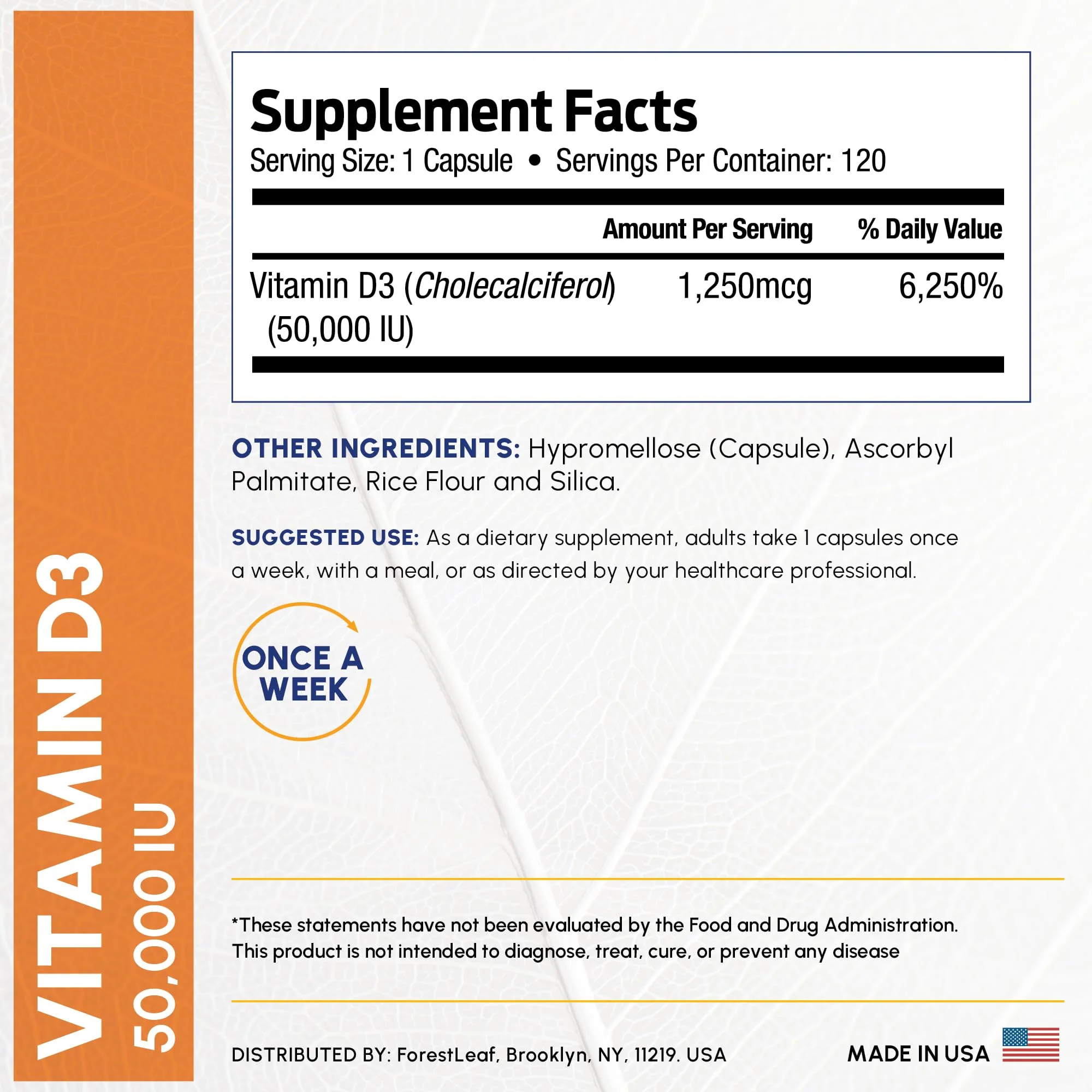 ForestLeaf - Vitamin D3 IU Weekly Supplement - Vitamin D Capsules for Bones, Teeth, and Immune Support - Easy Swallow Pure Vitamin D3 Caps (50,000 IU - 120 Count - 2 Pack) - Image 4