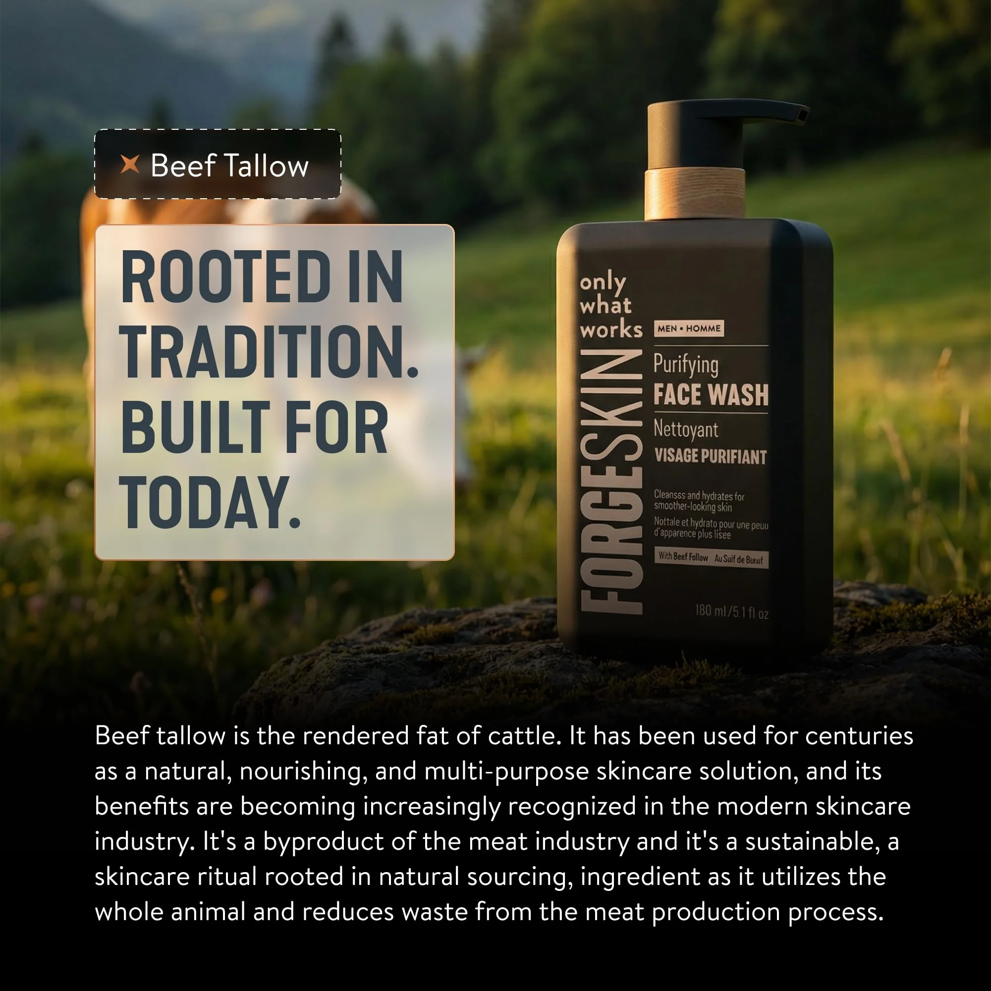 FORGE SKIN® Beef Tallow Face Wash for Men [TALLOW-BASED] - Morning Nourishing Hydrating Facial Cleanser - Gentle Cleansing Moisturizer for Hydration - Exfoliating Facial Skincare for Clean Skin (5 OZ) - Image 2