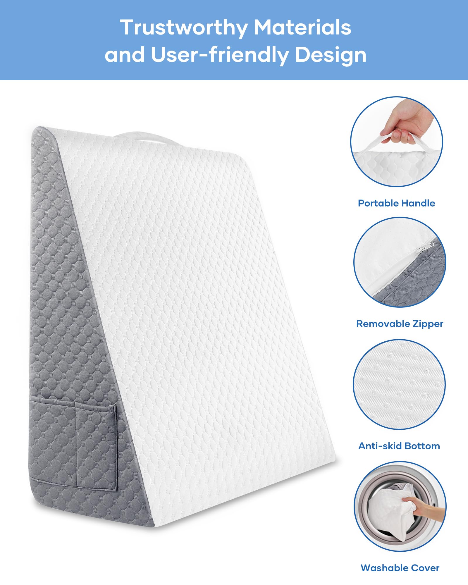 Forias Wedge Pillow 12" Bed Wedge Pillow for Sleeping Wedge Pillow for After Surgery Triangle Pillow Wedge for Acid Reflux Snoring Heartburn Back Pain, Machine Wash Cover | Memory Foam Top - Image 4