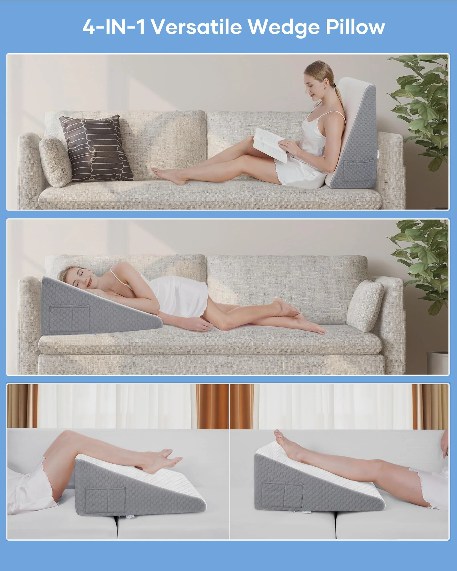 Forias Wedge Pillow 12" Bed Wedge Pillow for Sleeping Wedge Pillow for After Surgery Triangle Pillow Wedge for Acid Reflux Snoring Heartburn Back Pain, Machine Wash Cover | Memory Foam Top - Image 6