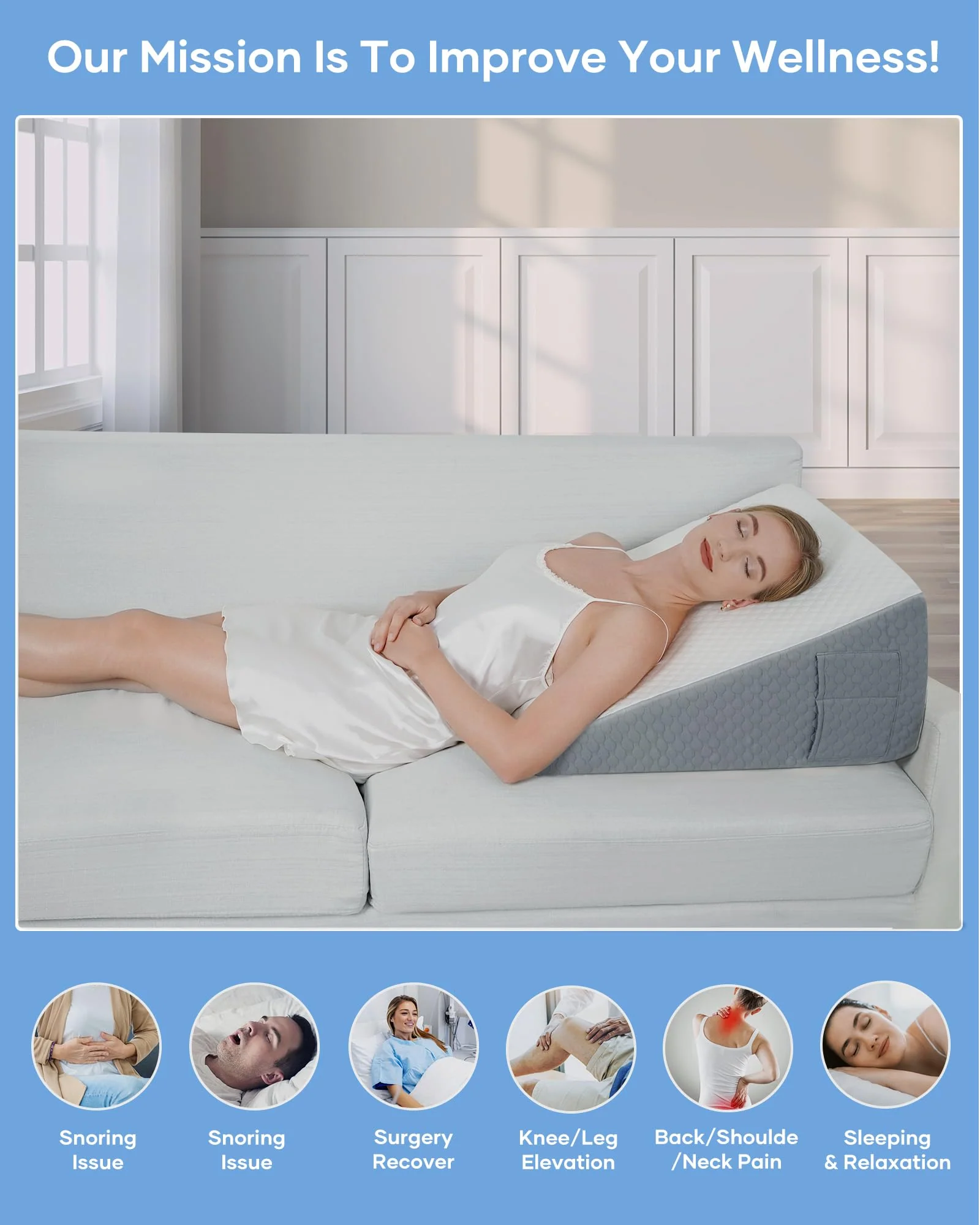 Forias Wedge Pillow 12" Bed Wedge Pillow for Sleeping Wedge Pillow for After Surgery Triangle Pillow Wedge for Acid Reflux Snoring Heartburn Back Pain, Machine Wash Cover | Memory Foam Top - Image 7