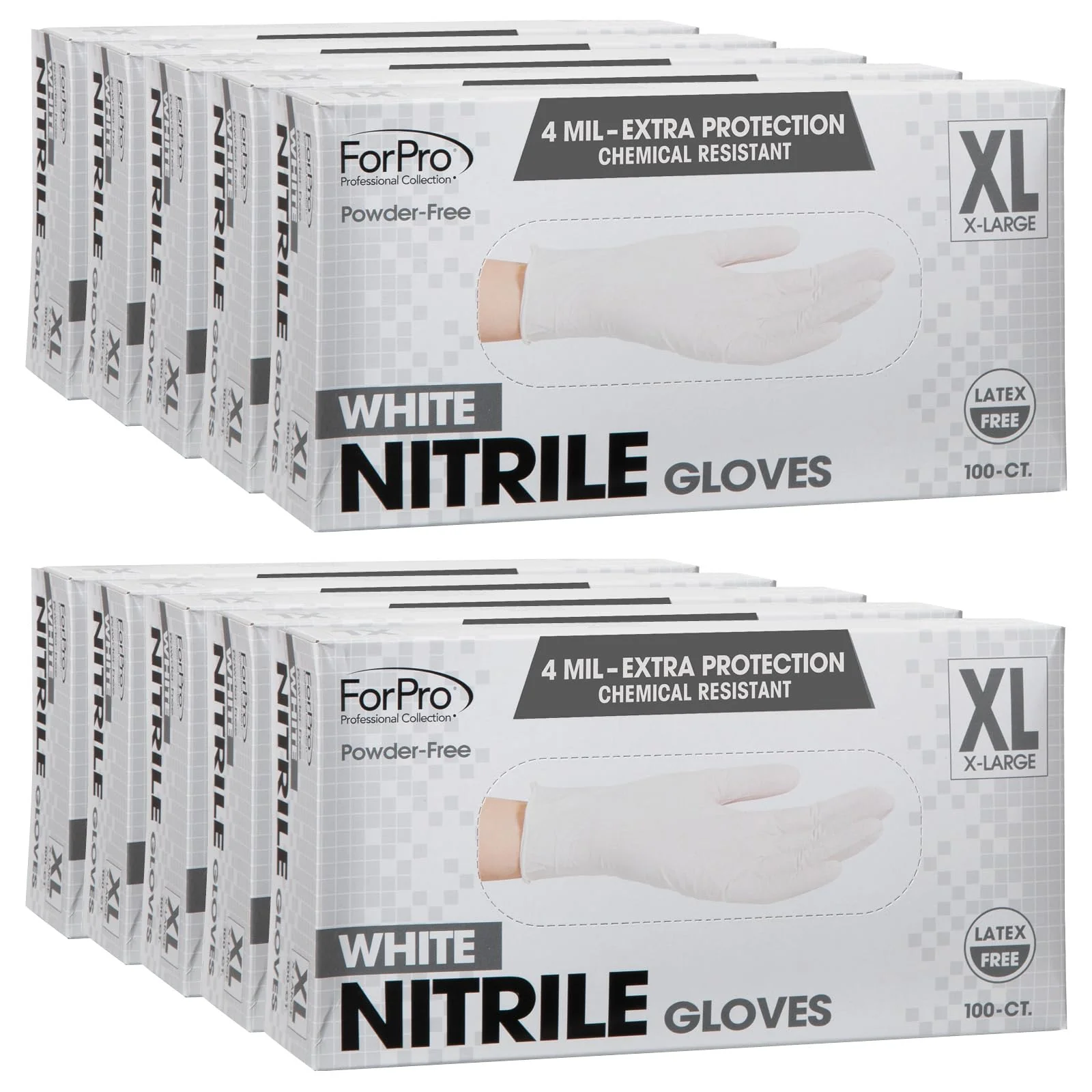 ForPro Disposable Nitrile Gloves, Chemical Resistant, Powder-Free, Latex-Free, Non-Sterile, Food Safe, 4 Mil, White, X-Large, 1000-Count