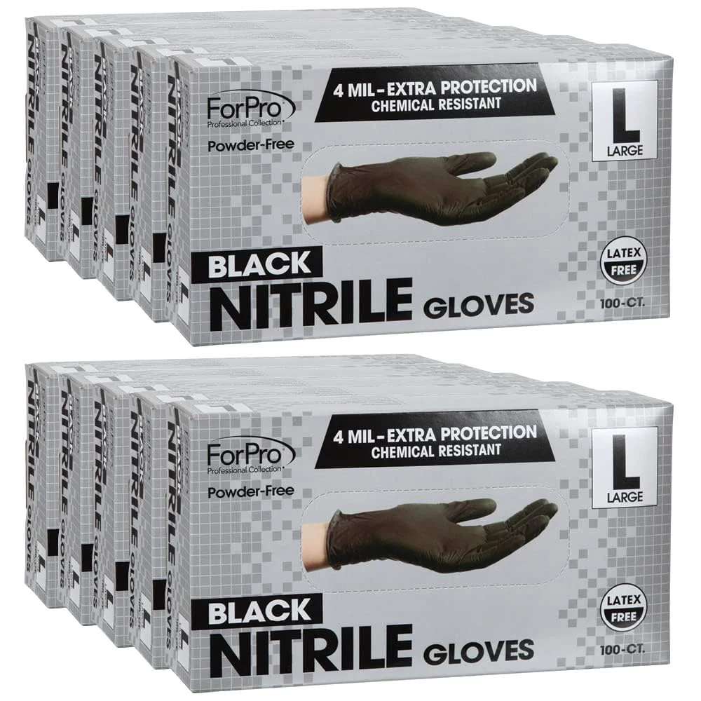 ForPro Professional Collection Disposable Nitrile Gloves, Chemical Resistant, Powder-Free, Latex-Free, Non-Sterile, Food Safe, 4 Mil, Black, Large, 1000-Count - Image 7