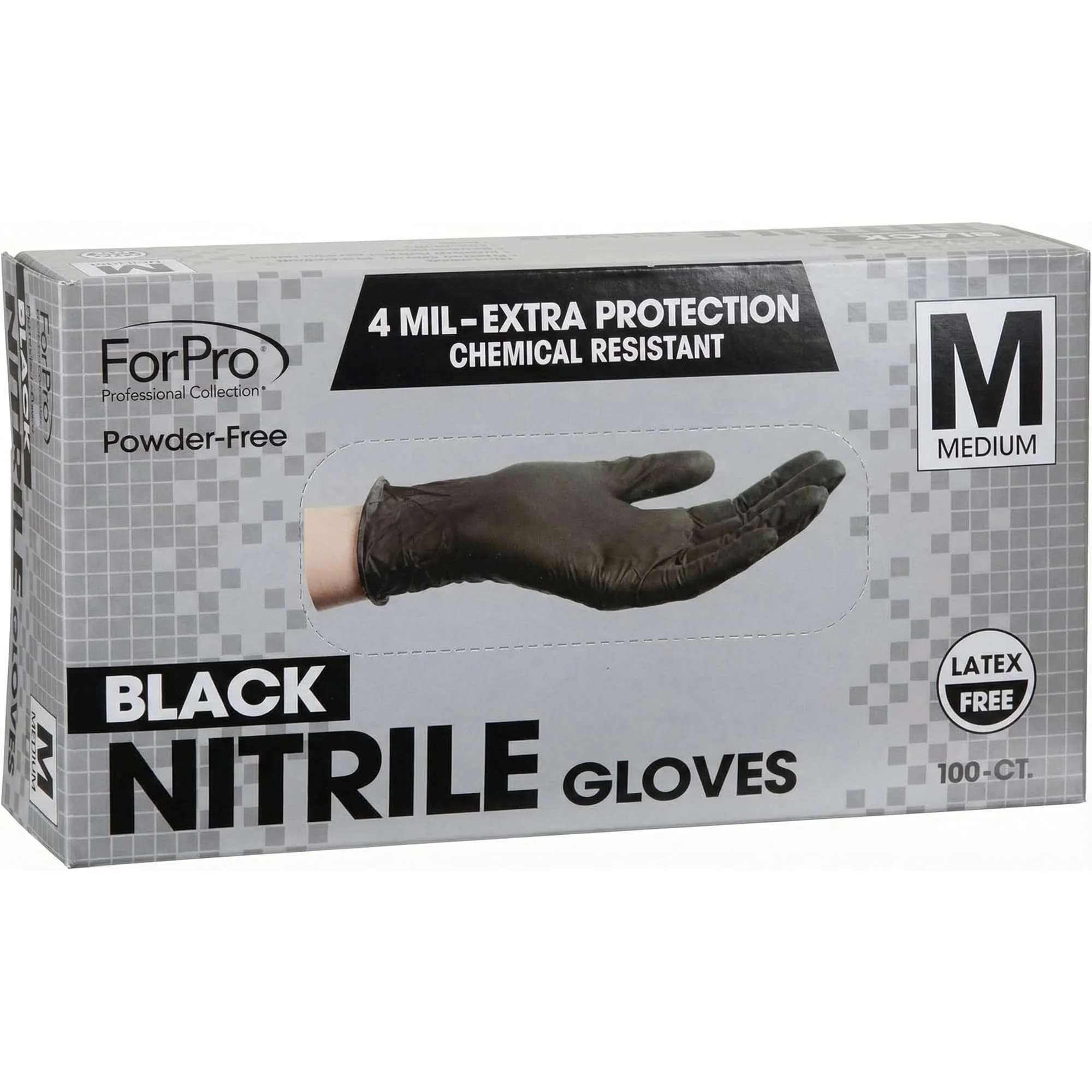 ForPro Professional Collection Disposable Nitrile Gloves, Chemical Resistant, Powder-Free, Latex-Free, Non-Sterile, Food Safe, 4 Mil, Black, Medium, 100-Count