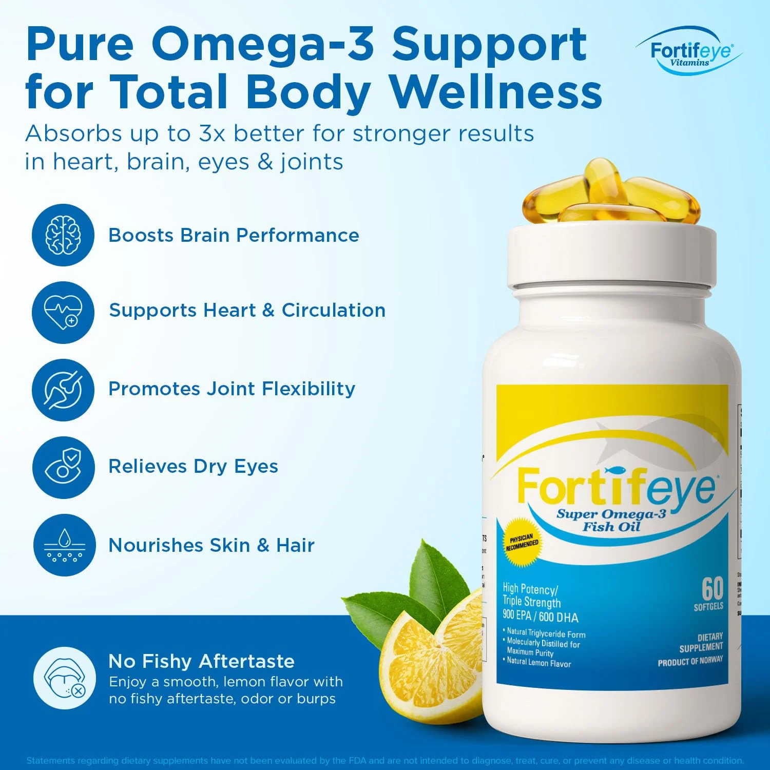 Fortifeye Omega 3 Fish Oil 180Count 1600 mg Made in Norway - High Potency rTG Form Supplement with EPA & DHA, Triple Strength Fish Oil Softgels for Men Women, No Fishy Aftertaste, Natural Lemon Flavor - Image 3