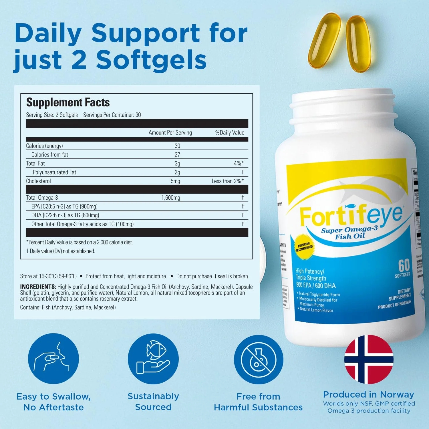 Fortifeye Omega 3 Fish Oil 180Count 1600 mg Made in Norway - High Potency rTG Form Supplement with EPA & DHA, Triple Strength Fish Oil Softgels for Men Women, No Fishy Aftertaste, Natural Lemon Flavor - Image 5