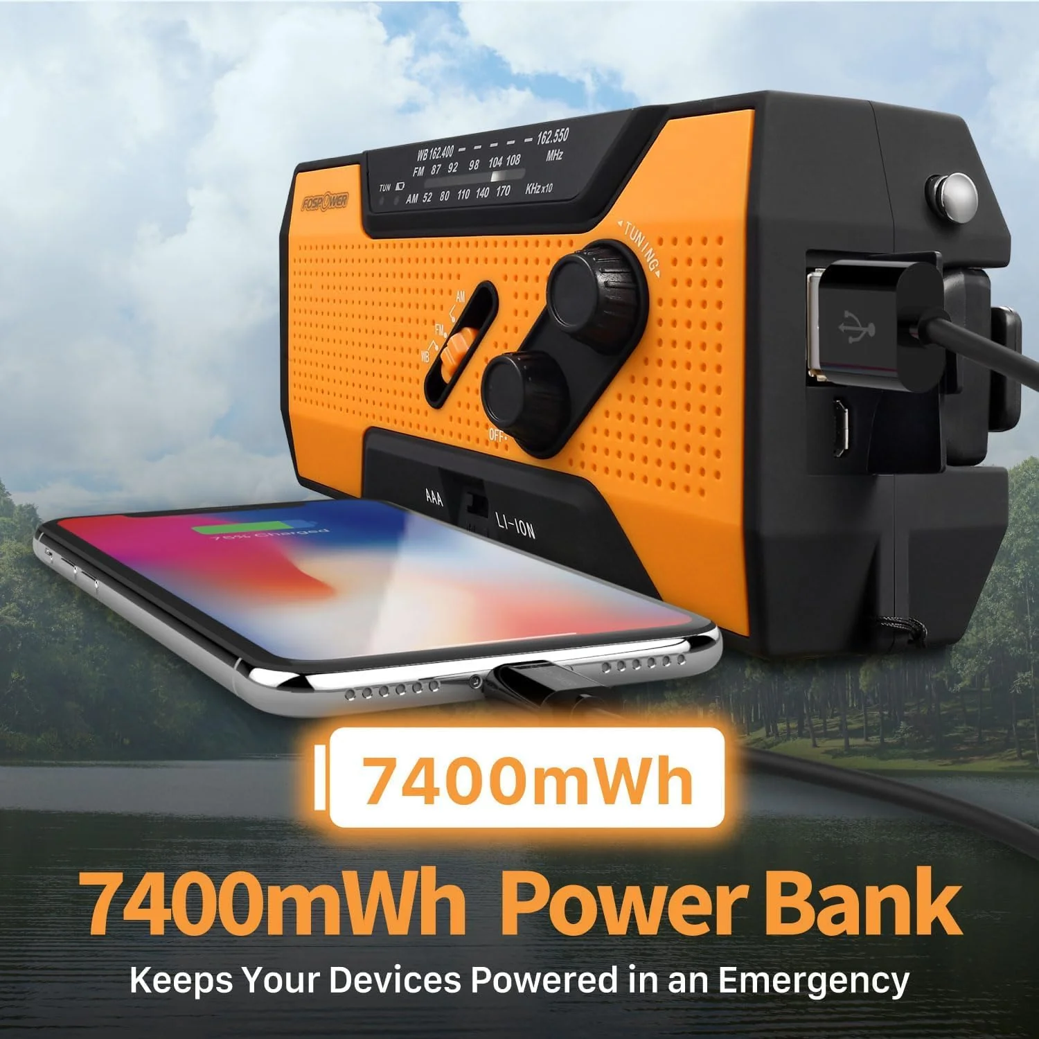 FosPower NOAA Emergency Weather Radio A1 7400mWh Portable Power Bank, AM/FM, USB/Solar/Hand Crank Charging, Battery Operated, SOS Alarm & Flashlight for Indoor/Outdoor Emergency - Orange - Image 4
