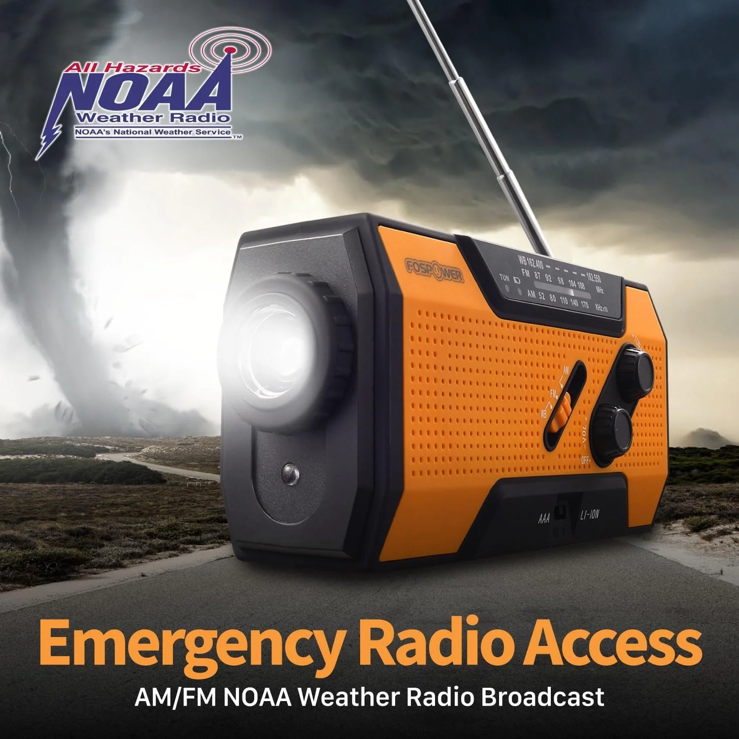 FosPower NOAA Emergency Weather Radio A1 7400mWh Portable Power Bank, AM/FM, USB/Solar/Hand Crank Charging, Battery Operated, SOS Alarm & Flashlight for Indoor/Outdoor Emergency - Orange - Image 5