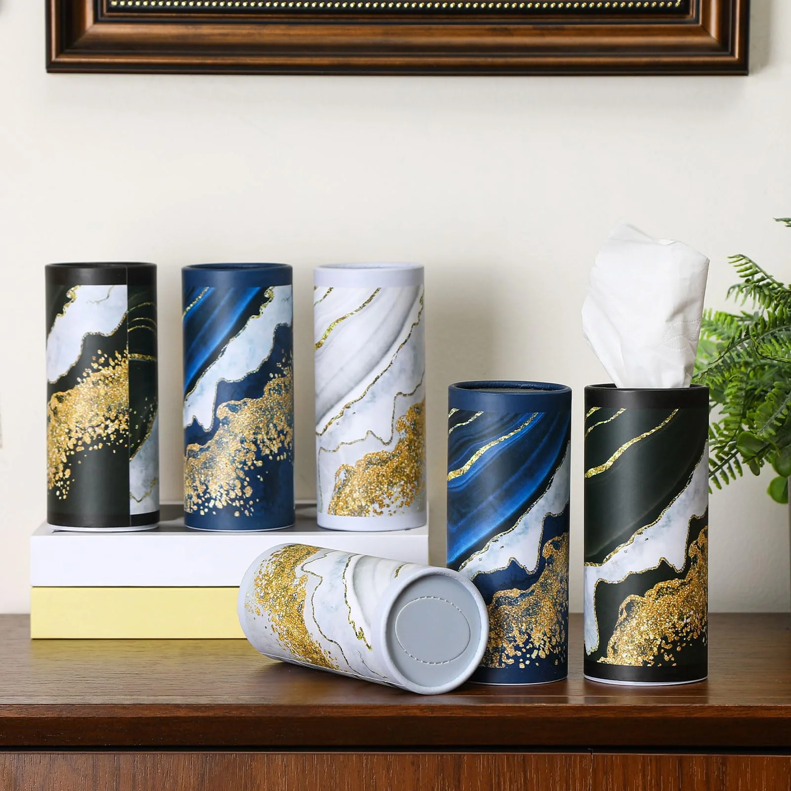 Fourluoo 12 Pack Car Tissue Cylinder Holder Bulk with 3 Ply Facial Tissues, Round Napkin Holders for Car Cup Holder Cylinder Travel Paper Tubes Bulk Round Napkin Boxes Packs(Marble) - Image 2