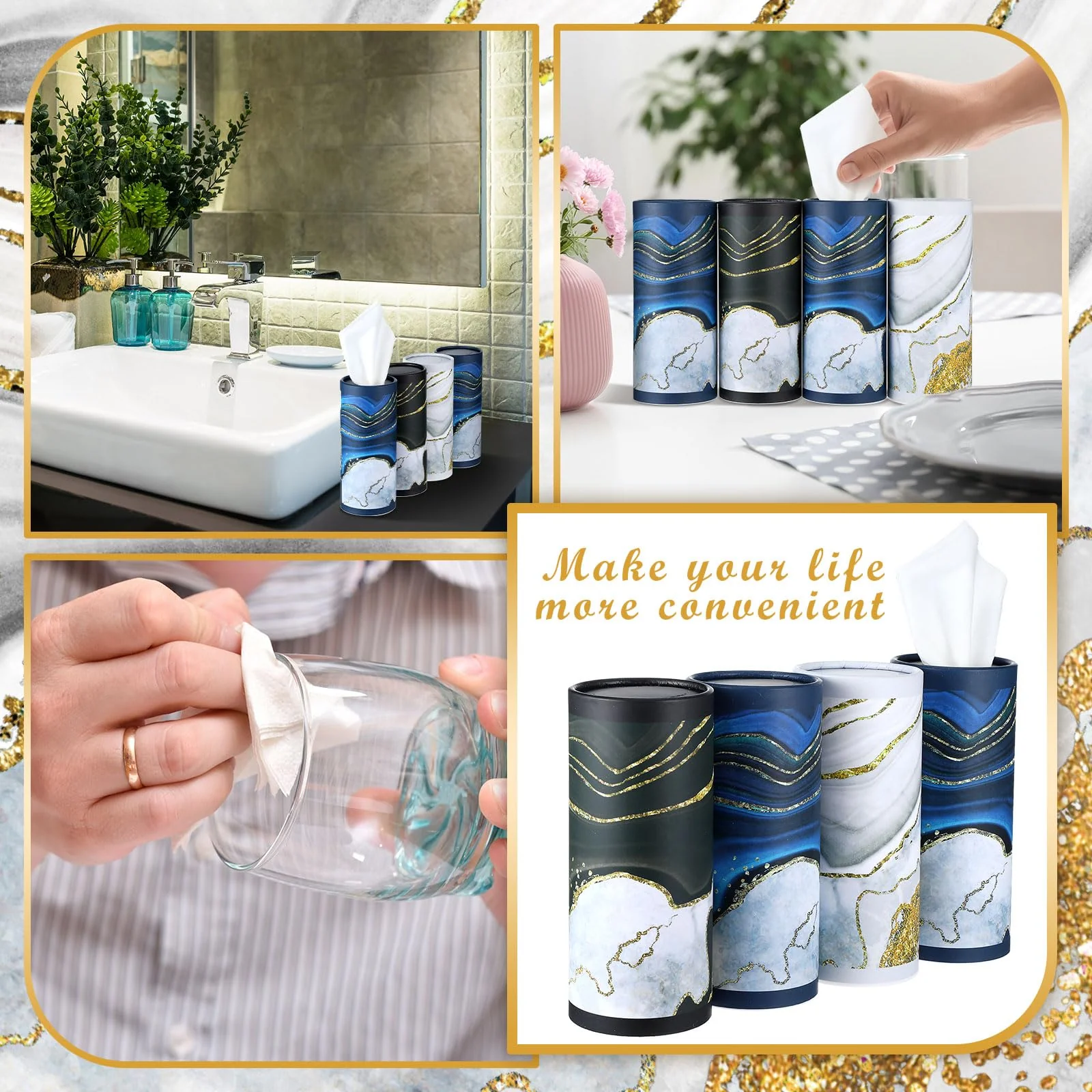 Fourluoo 12 Pack Car Tissue Cylinder Holder Bulk with 3 Ply Facial Tissues, Round Napkin Holders for Car Cup Holder Cylinder Travel Paper Tubes Bulk Round Napkin Boxes Packs(Marble) - Image 3