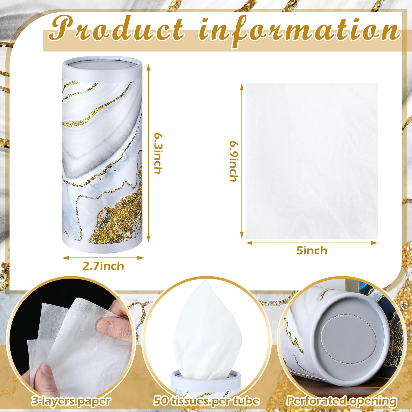 Fourluoo 12 Pack Car Tissue Cylinder Holder Bulk with 3 Ply Facial Tissues, Round Napkin Holders for Car Cup Holder Cylinder Travel Paper Tubes Bulk Round Napkin Boxes Packs(Marble) - Image 5