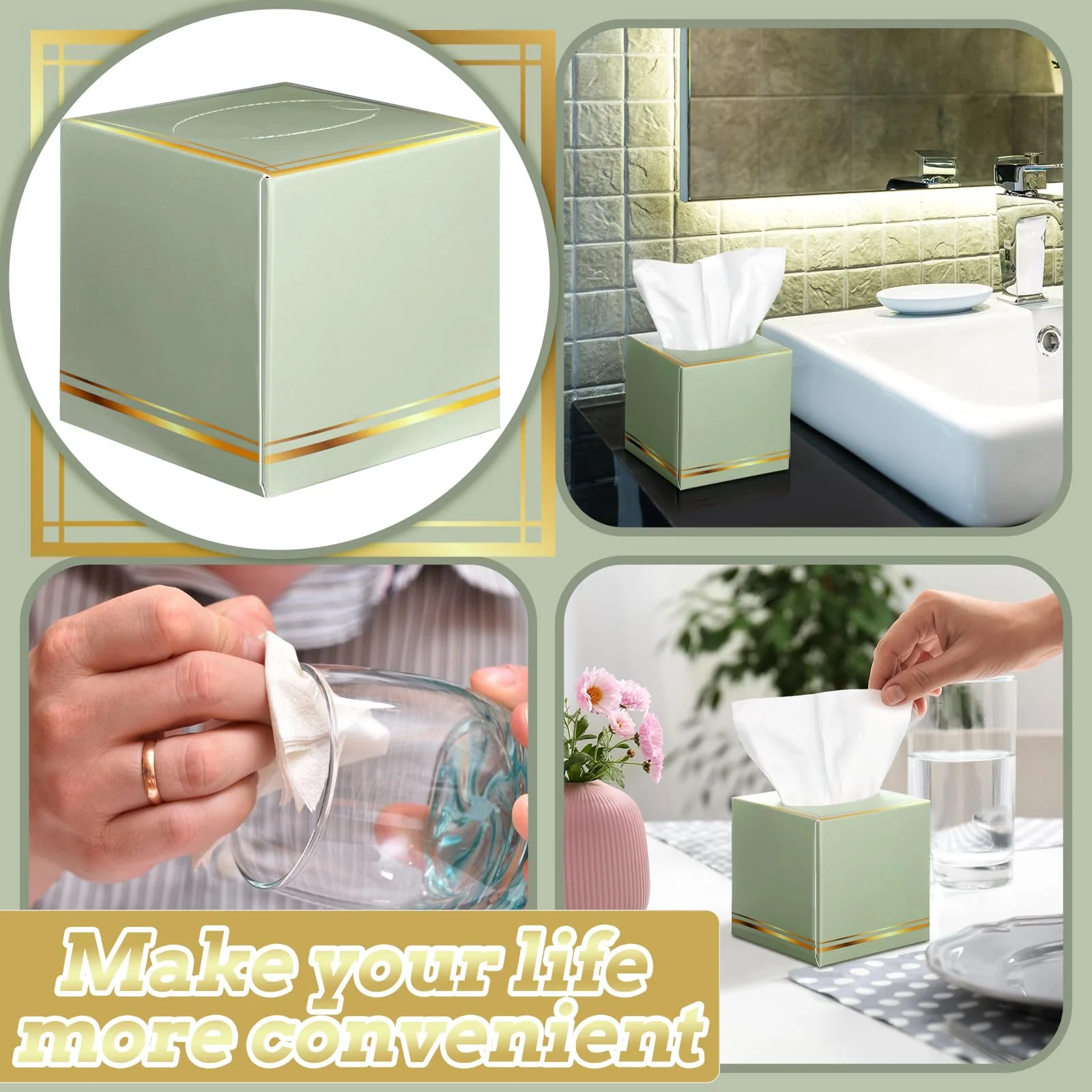 Fourluoo 12 Pack Facial Tissues Cube Boxes Face Tissue Box 600 Sheets 3 ply Square Tissues Soft Tissue Paper Bulk for Car Pocket Toilet Household Bedroom Family(Sage Green) - Image 3