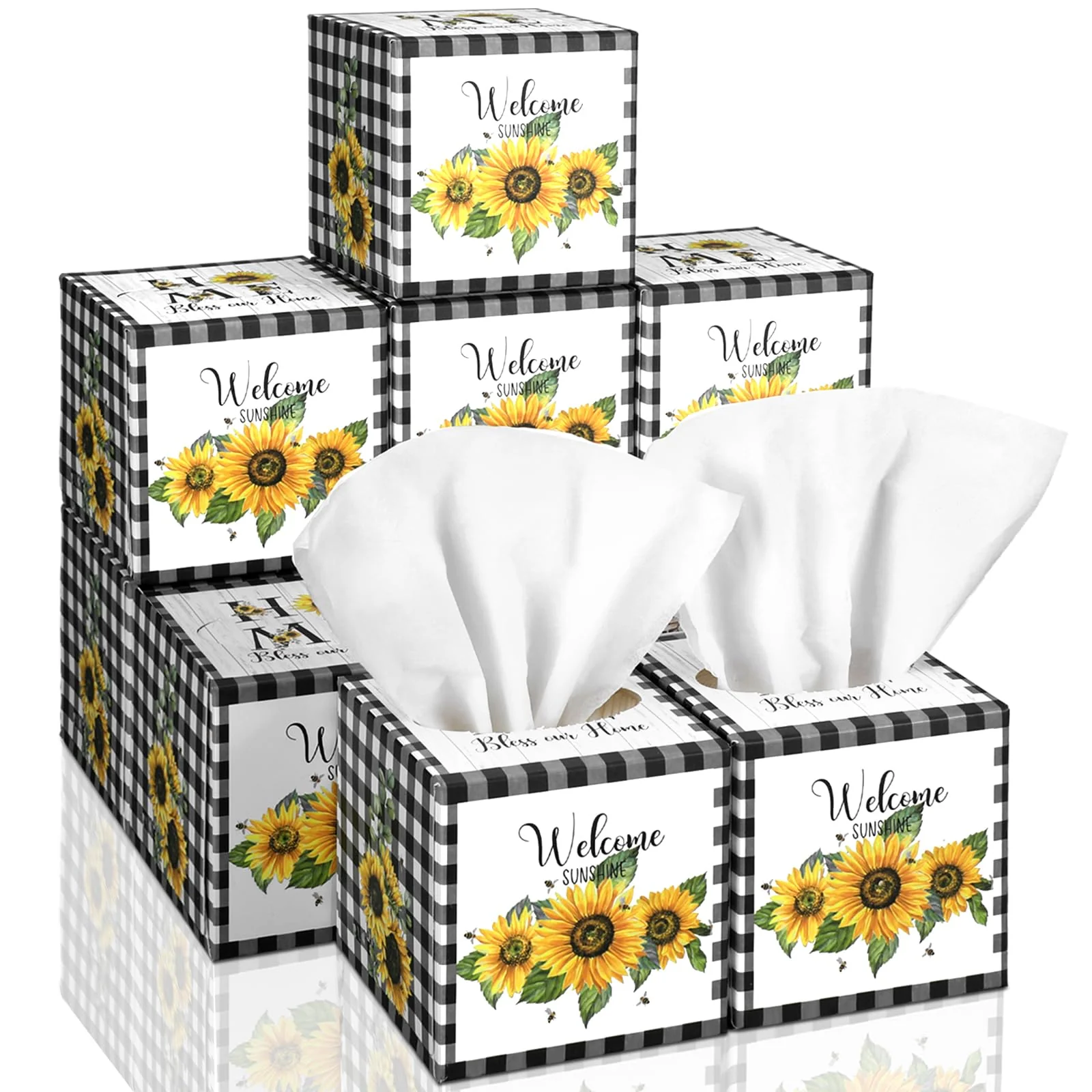 Fourluoo 12 Pack Summer Sunflower Facial Tissues Cube Boxes 600 Sheets 3 Ply Small Black and White Plaid Sunflower Face Tissues Bulk for Summer Car Bedroom Supplies